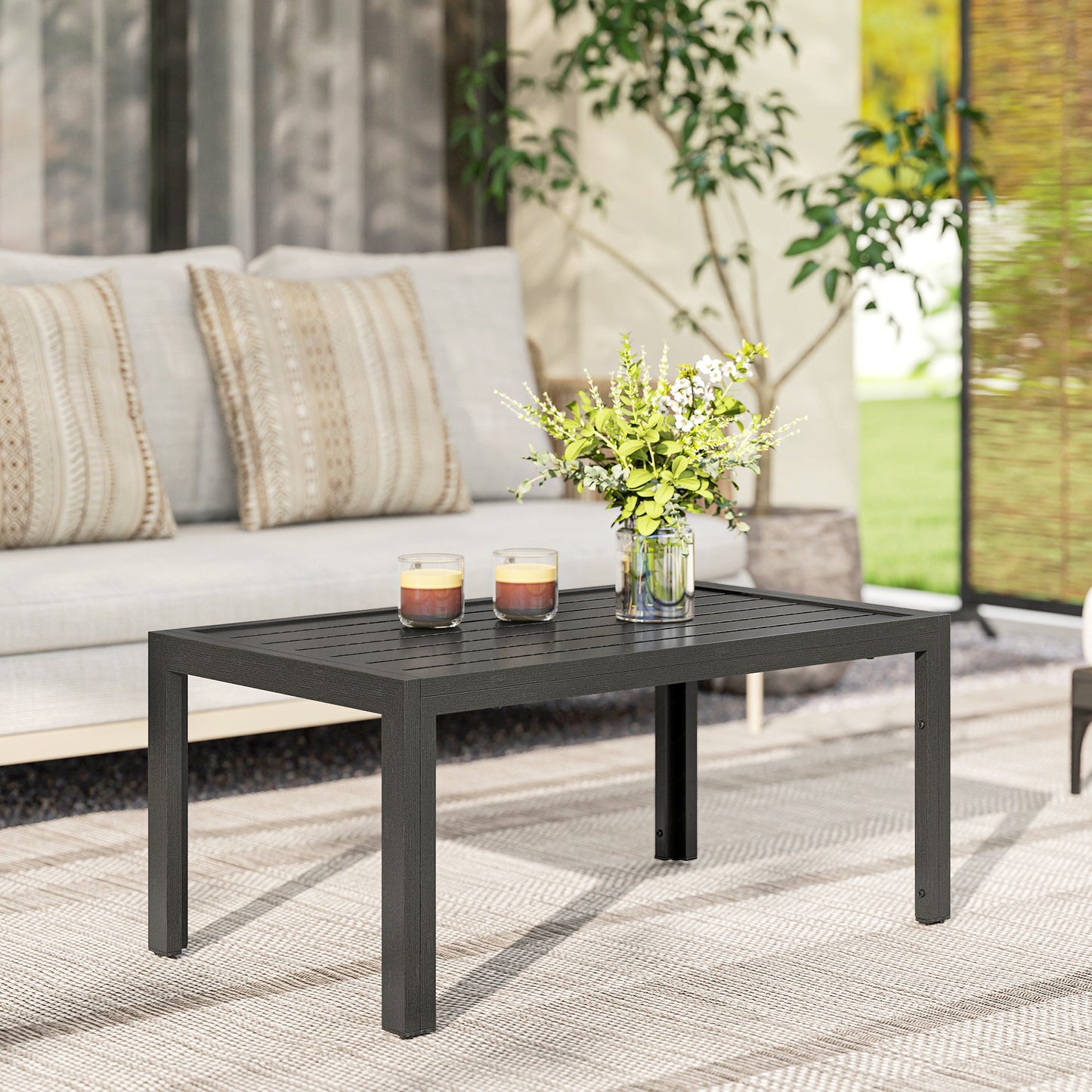 Outdoor Side Table, Rectangular Patio Coffee Side Table with Steel Frame and Slat Tabletop for Garden, Balcony, Grey