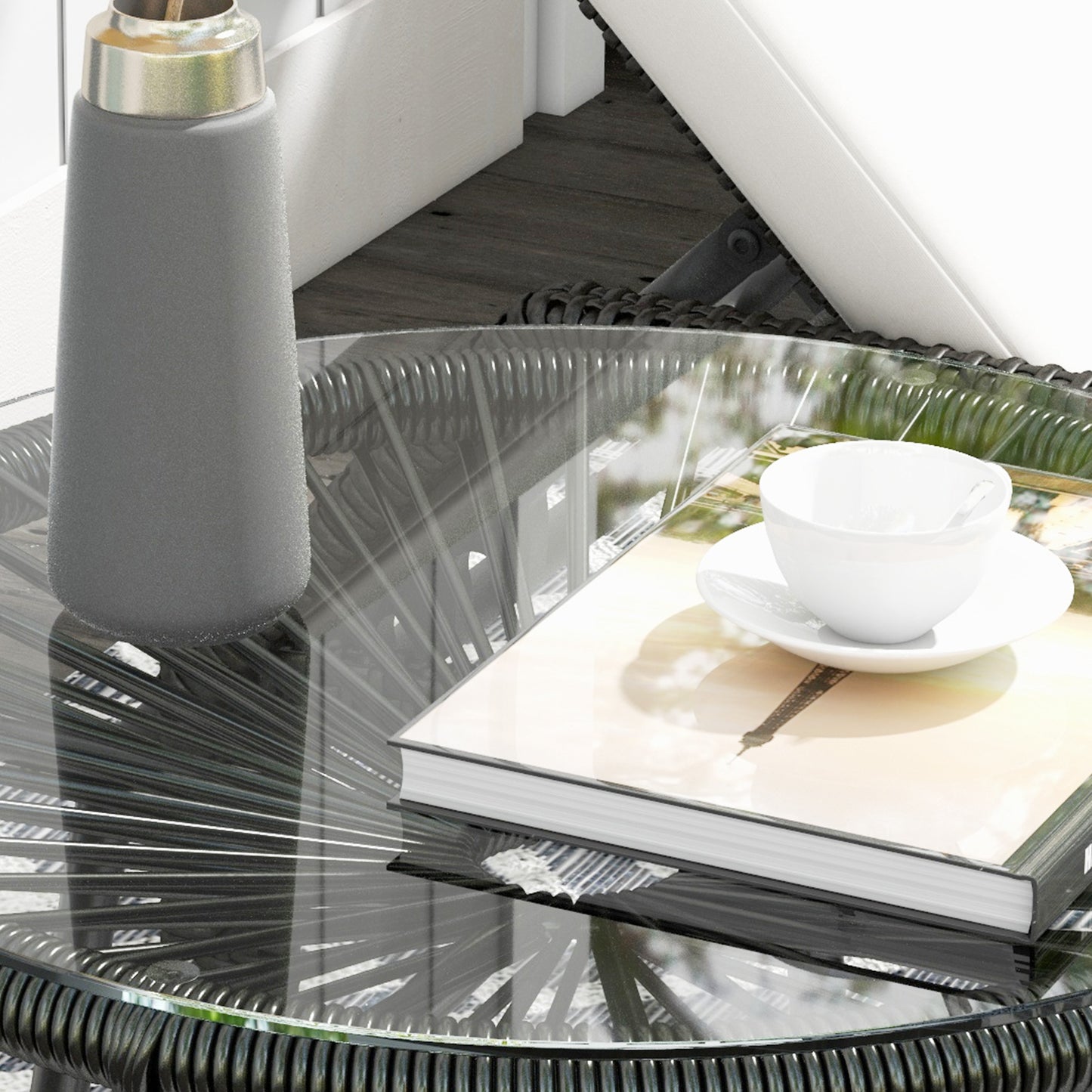 Rattan Side Table, Round Outdoor Coffee Table, with Round PE Rattan and Tempered Glass Tabletop for Patio, Garden, Balcony