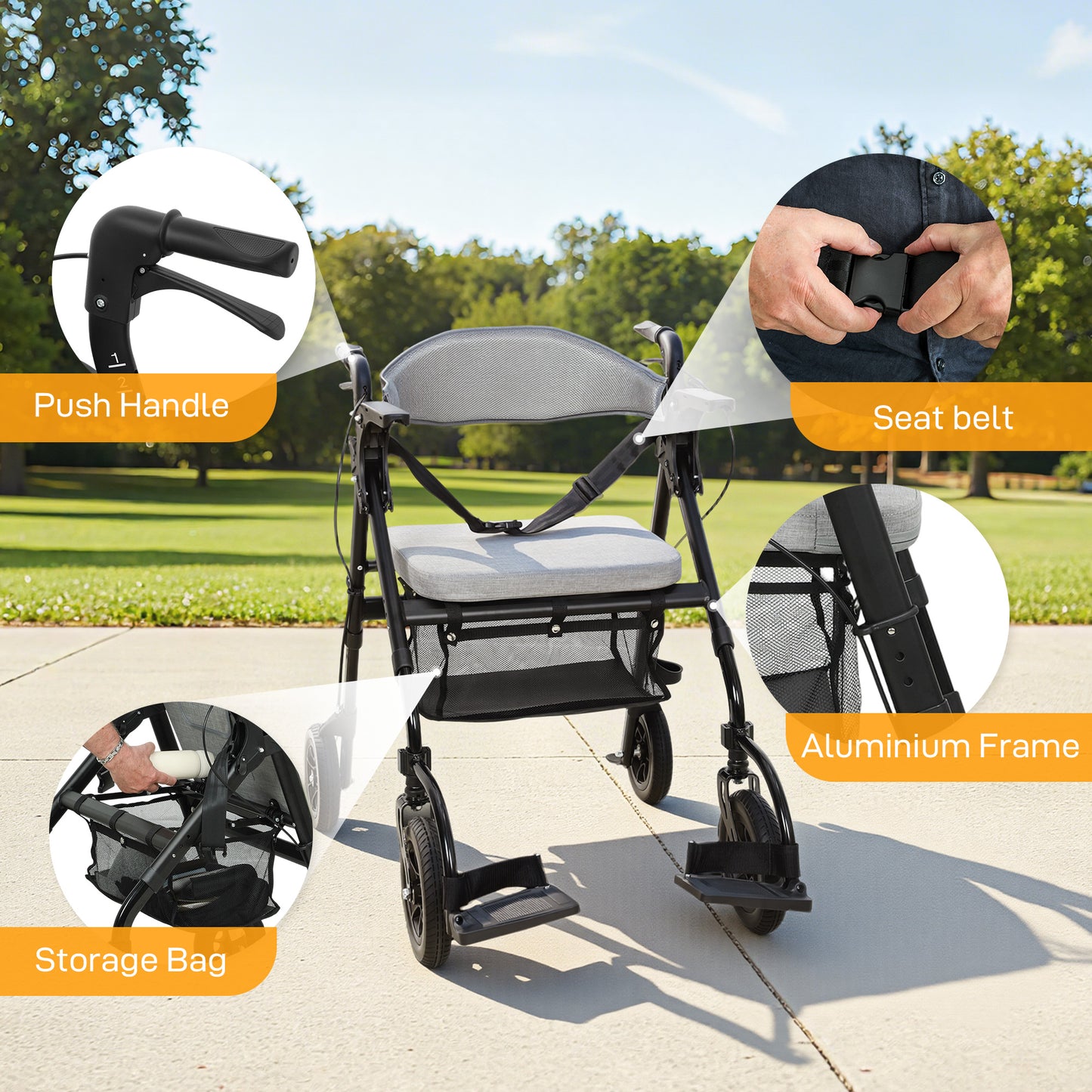 Rollator Walker Wheelchair, with Seat - Grey