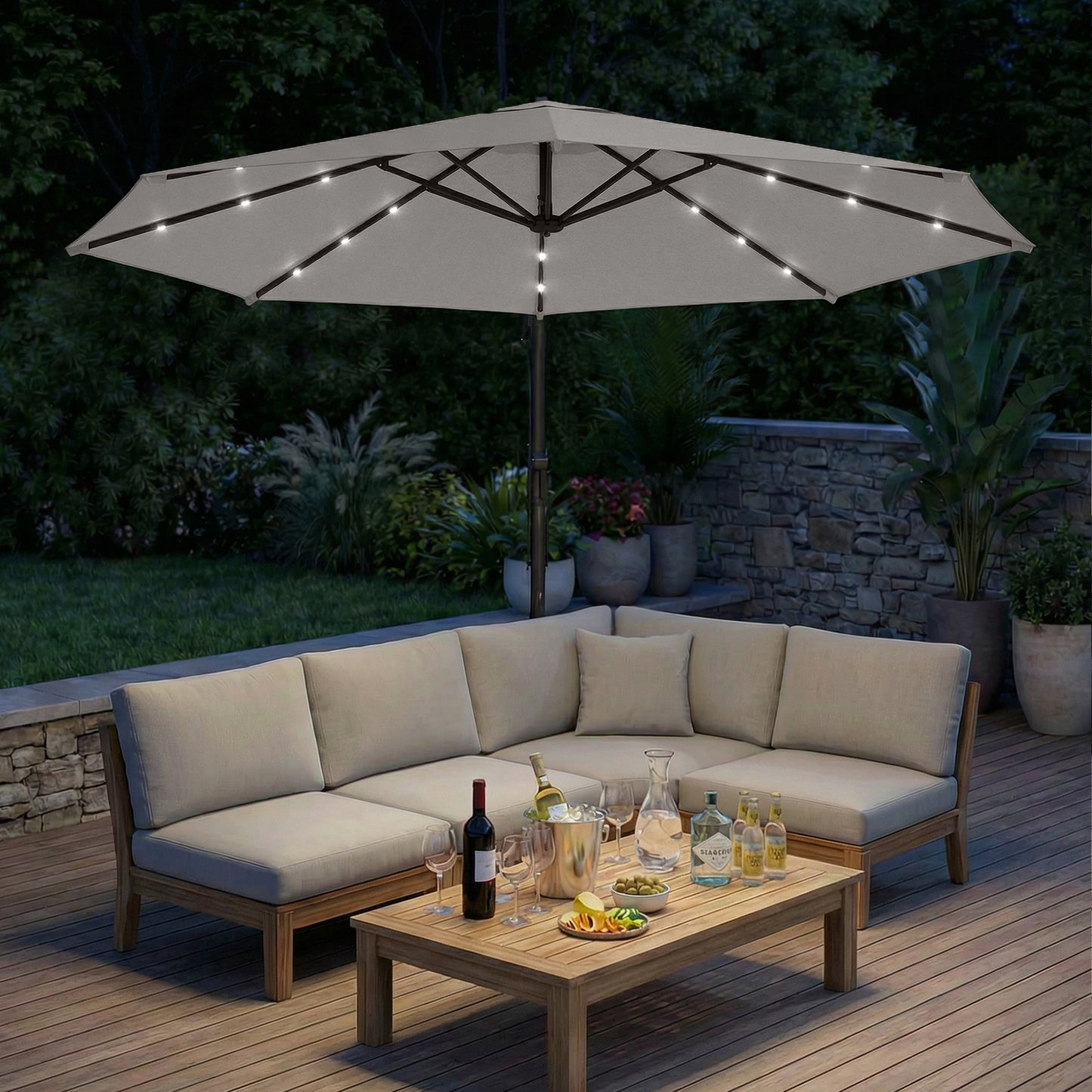 3 m Cantilever Parasol with Solar LED Lights Garden Umbrella with Cross Base, Light Grey