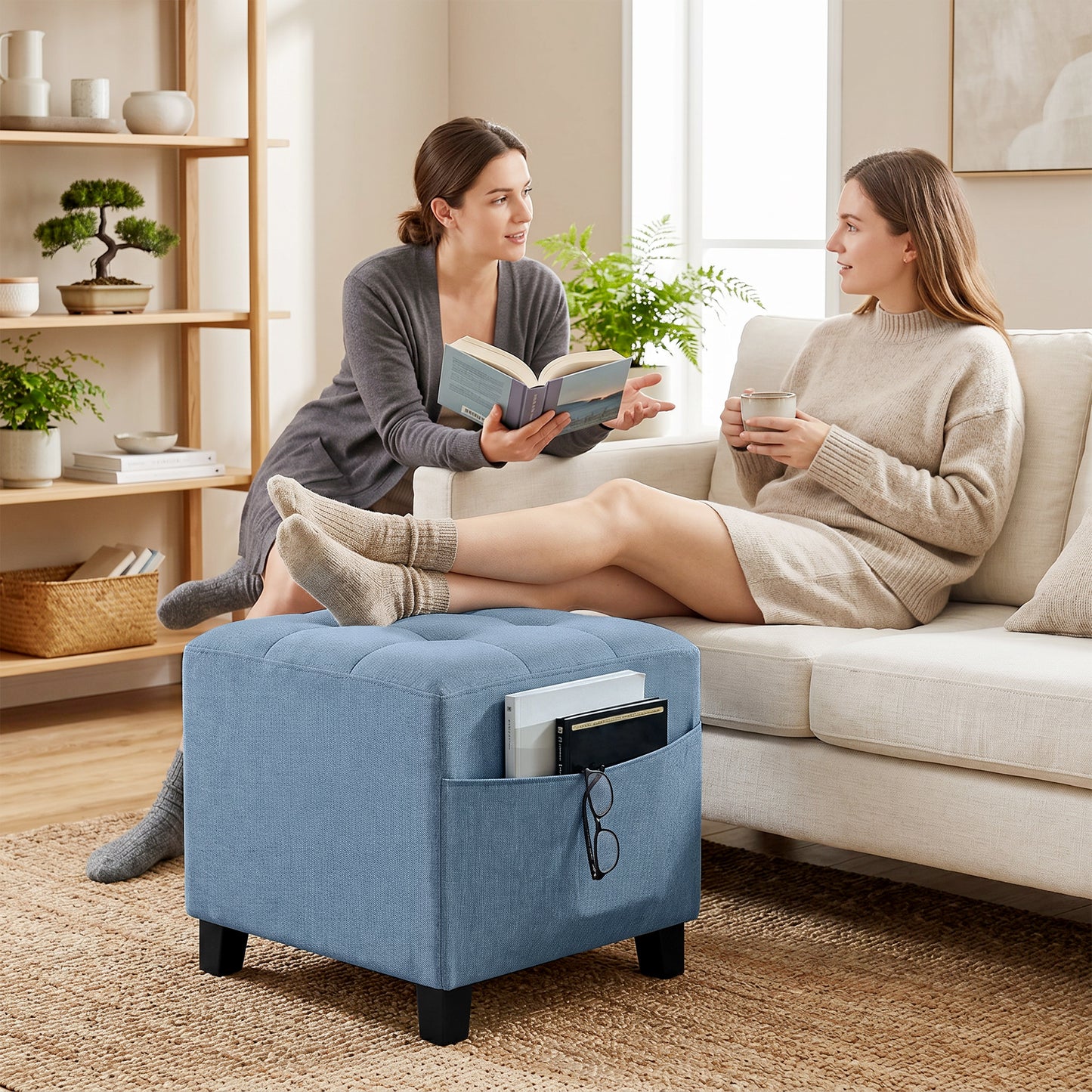 Small Ottoman, Square Footstool with Side Pocket, Rubber Wood Legs and Padded Seat for Living Room, Dark Blue