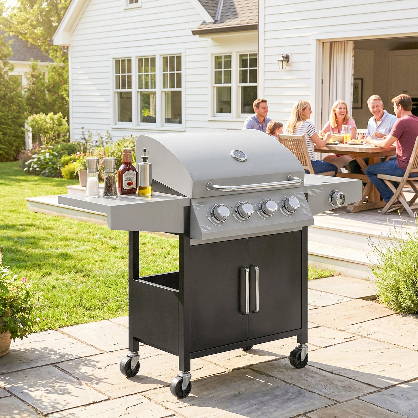 4+1 Burner Gas BBQ Grill with Side Burner, 14.5 kW Steel Portable Gas Barbecue Grill with Built-in Thermometer, Lid