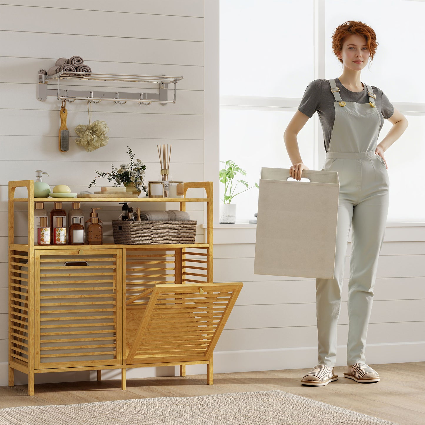 Double Tilt Out Bamboo Laundry Cabinet, Freestanding Bathroom Cabinet with 2 Removable Baskets, Natural