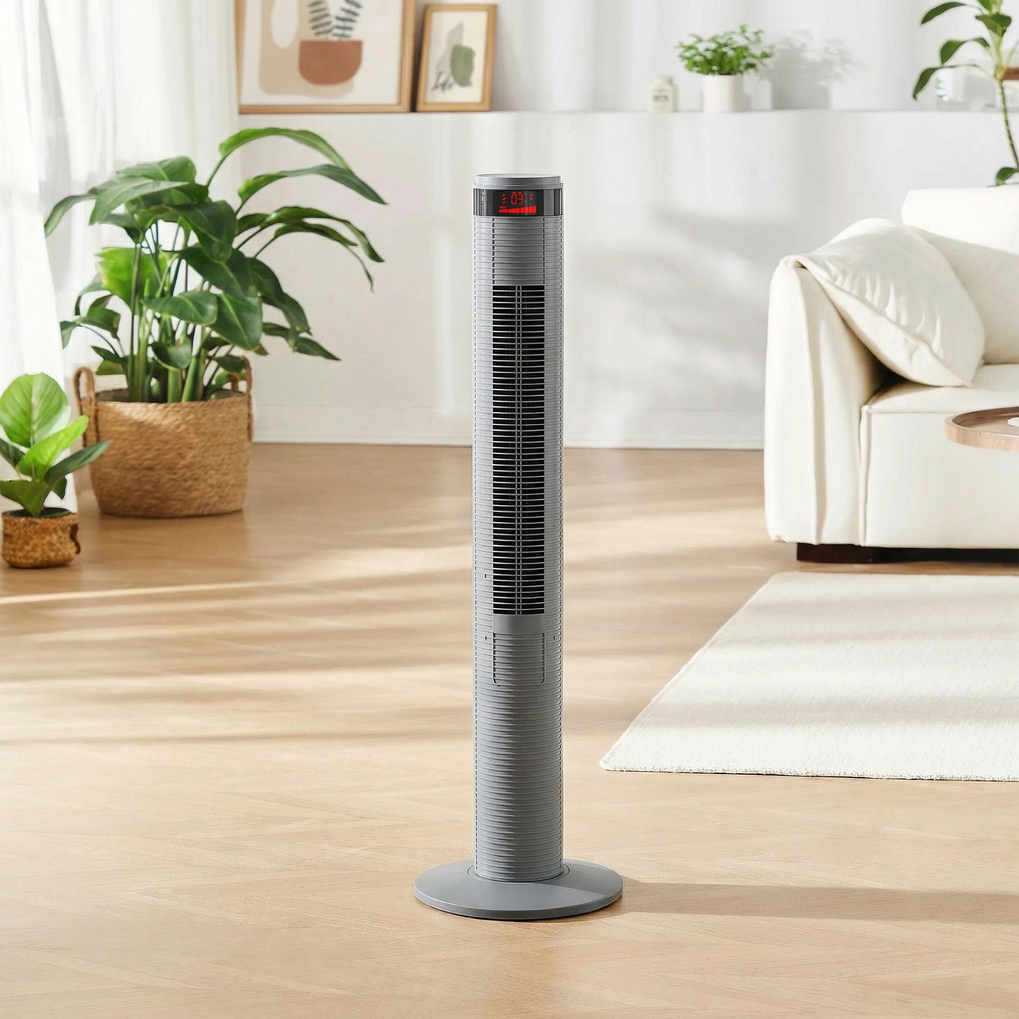 Oscillating Tower Fan Remote Control 3 Speed Modes Cooling Machine, Grey