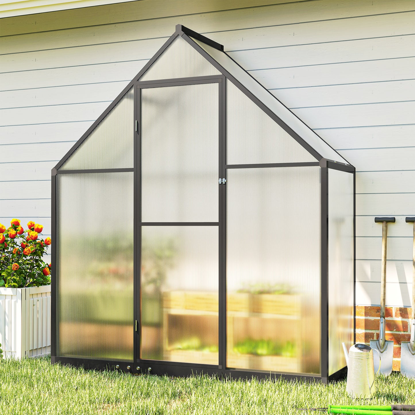 Polycarbonate Greenhouse with Swing Door and Adjustable Window, Walk-in Greenhouse, 5.5 x 2ft, Black
