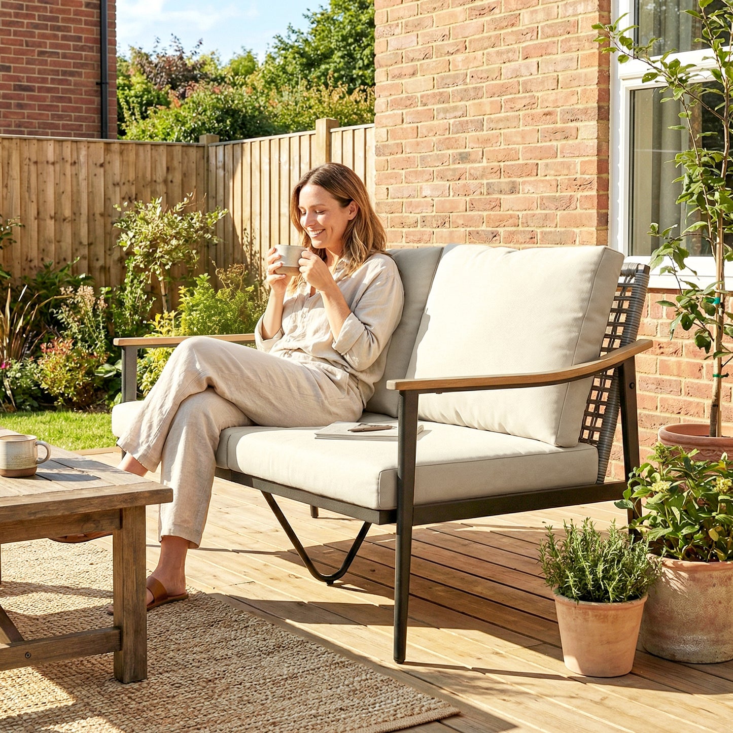 2 Seater Rattan Sofa, Outdoor Garden Sofa with Wood-Effect Armrests, Cushions for Patio, Balcony, Khaki
