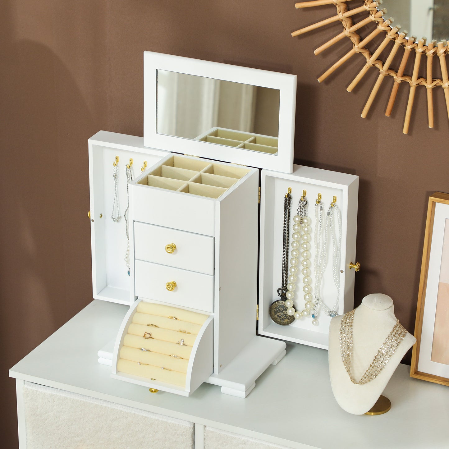 4-Tier Jewellery Box with Mirror and 3 Drawers - White