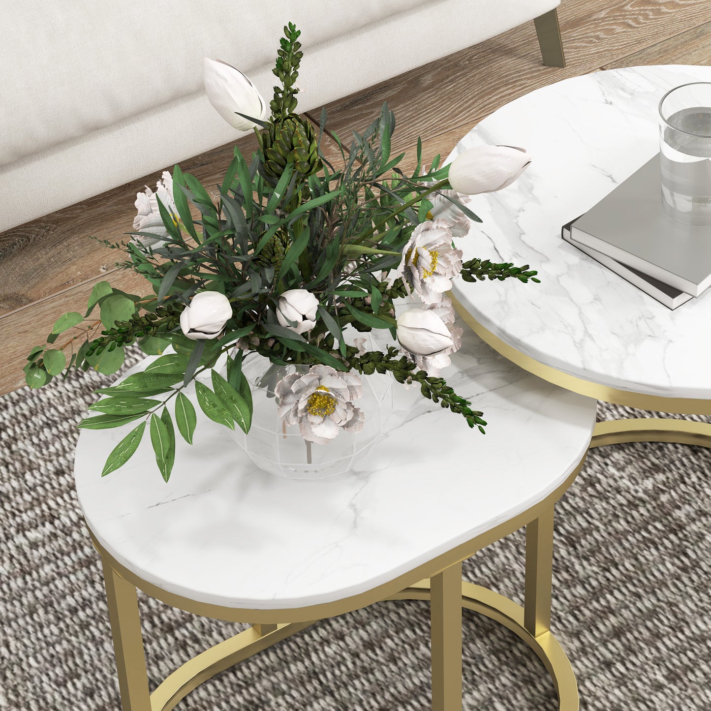Nest of Tables with Steel Frame and Faux Marble Tabletop, Modern Coffee Table Set of 2, Gold Tone/White