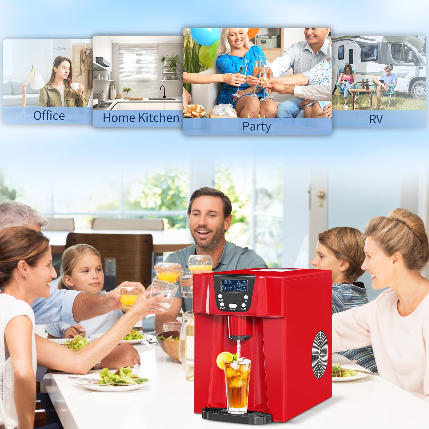 3L Ice Maker Machine and Water Dispenser, 12kg in 24H, 2 Sizes 9 Ice Cubes Ready in 6-10 Mins Ice Machine, Red