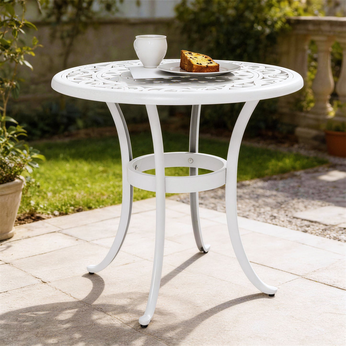 60 cm Round Garden Table, Cast Aluminium Outdoor Patio Table, White