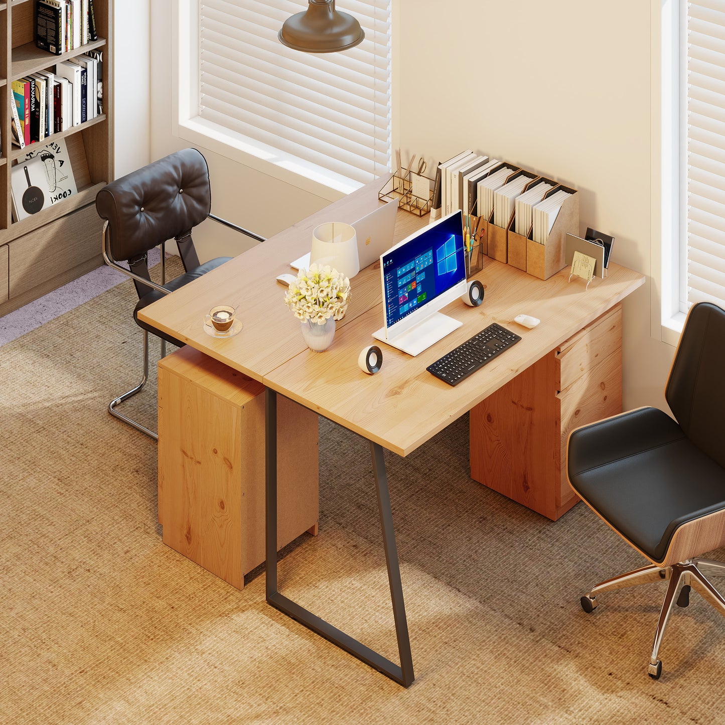Computer Desk, Writing Desk with Cabinet, Drawer, Metal Legs, Work Table for Home Office Study, Natural Wood Finish