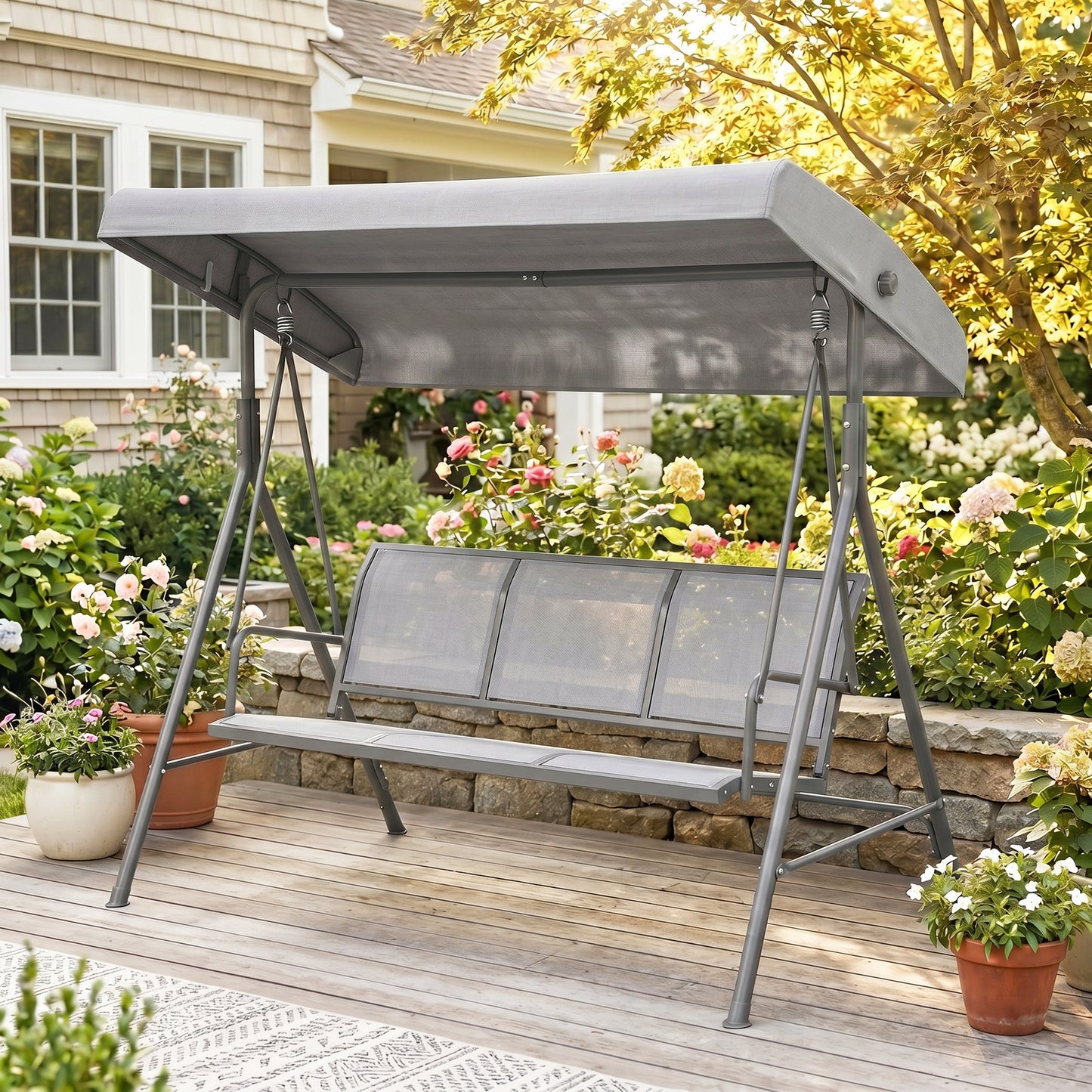 3 Seater Swing Chair, Garden Swing Bench with Adjustable Tilting Canopy