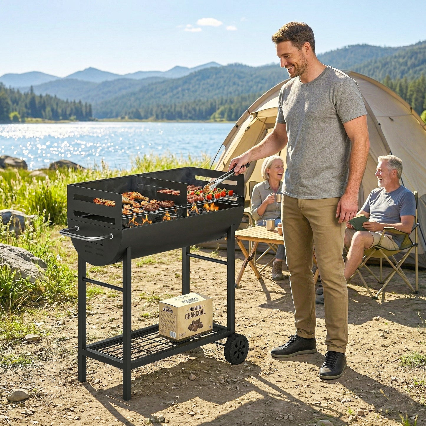 Charcoal Barbecue Grill with 2 Cooking Areas, Portable BBQ Trolley with Wheels, Height Adjustable Grates, Bottom Shelf