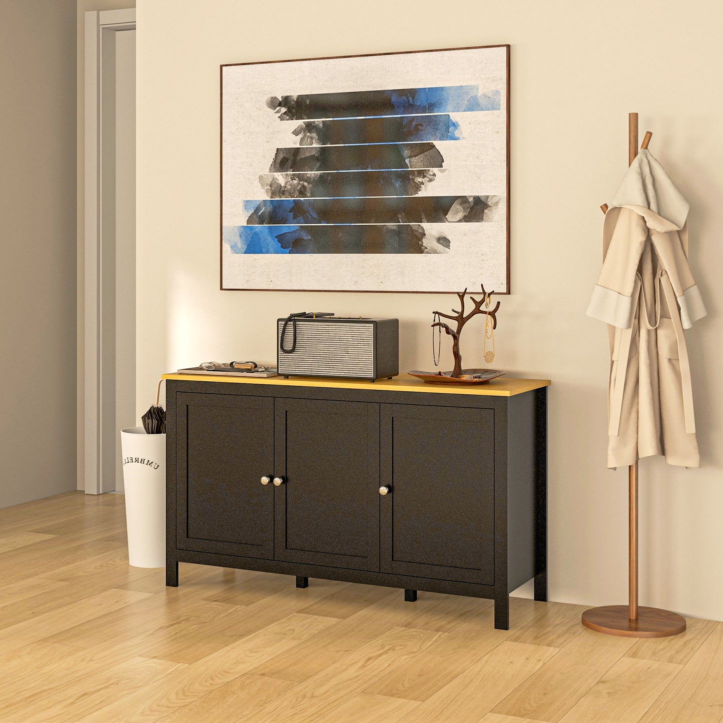 Sideboard, Buffet Cabinet with Doors and Adjustable Shelves for Living Room, Entryway, Black and Natural
