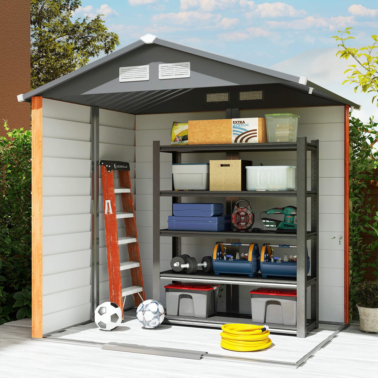 6.5 x 5ft Metal Garden Shed, House Hut Gardening Tool Storage with Ventilations, Sliding Door, Sloped Roof for Garden, Patio