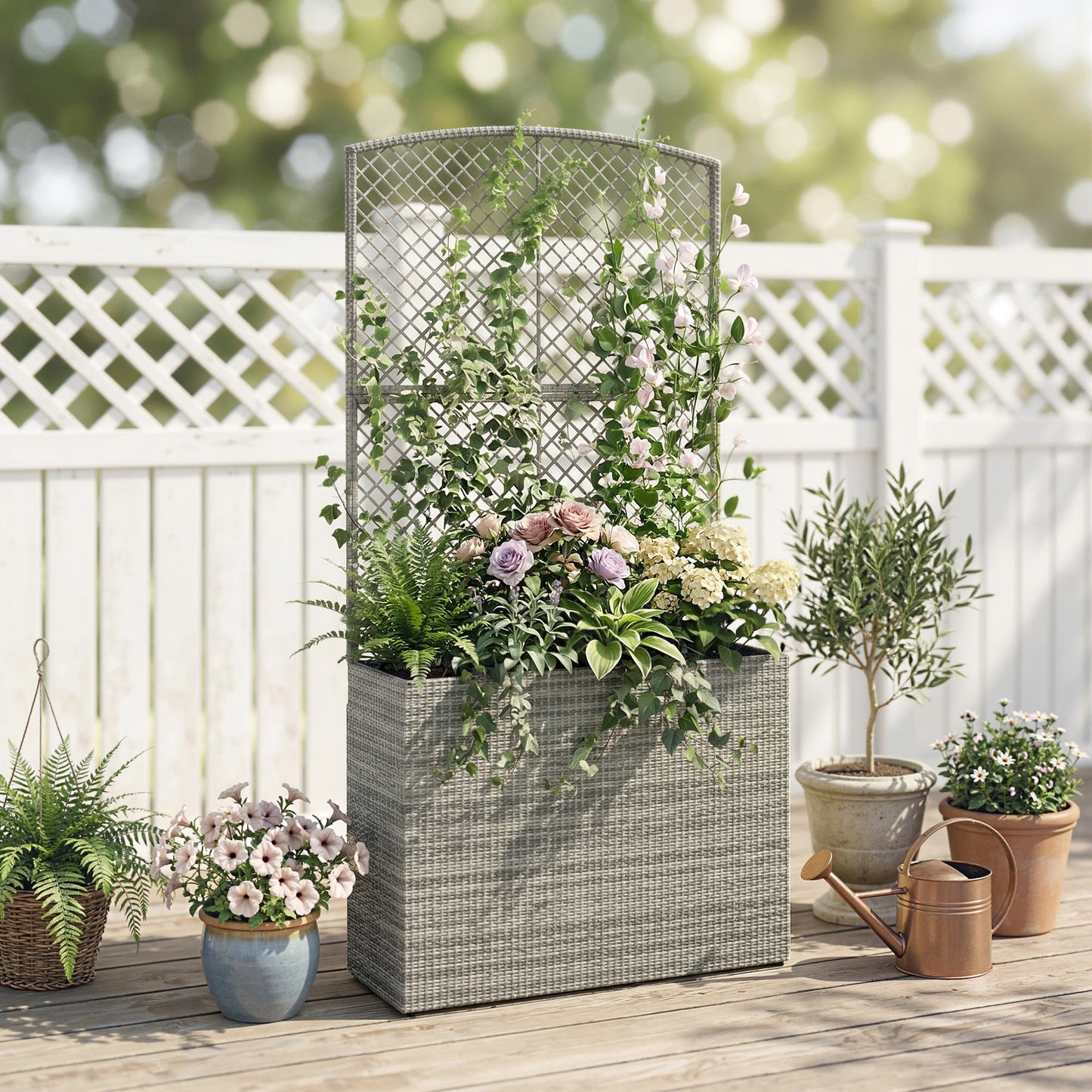Rattan Planter with Trellis, Raised Beds for Garden with Liner for Climbing Plants Vegetables Flowers, Dark Grey