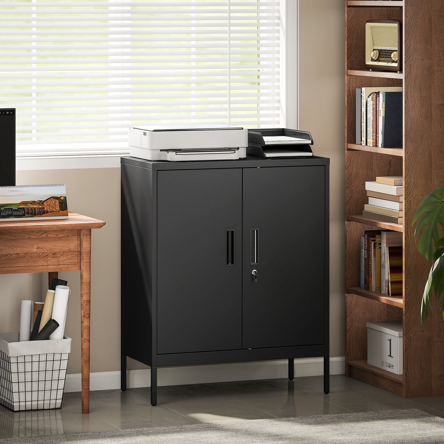 Metal Storage Cabinet with Lock and Adjustable Shelves - Black
