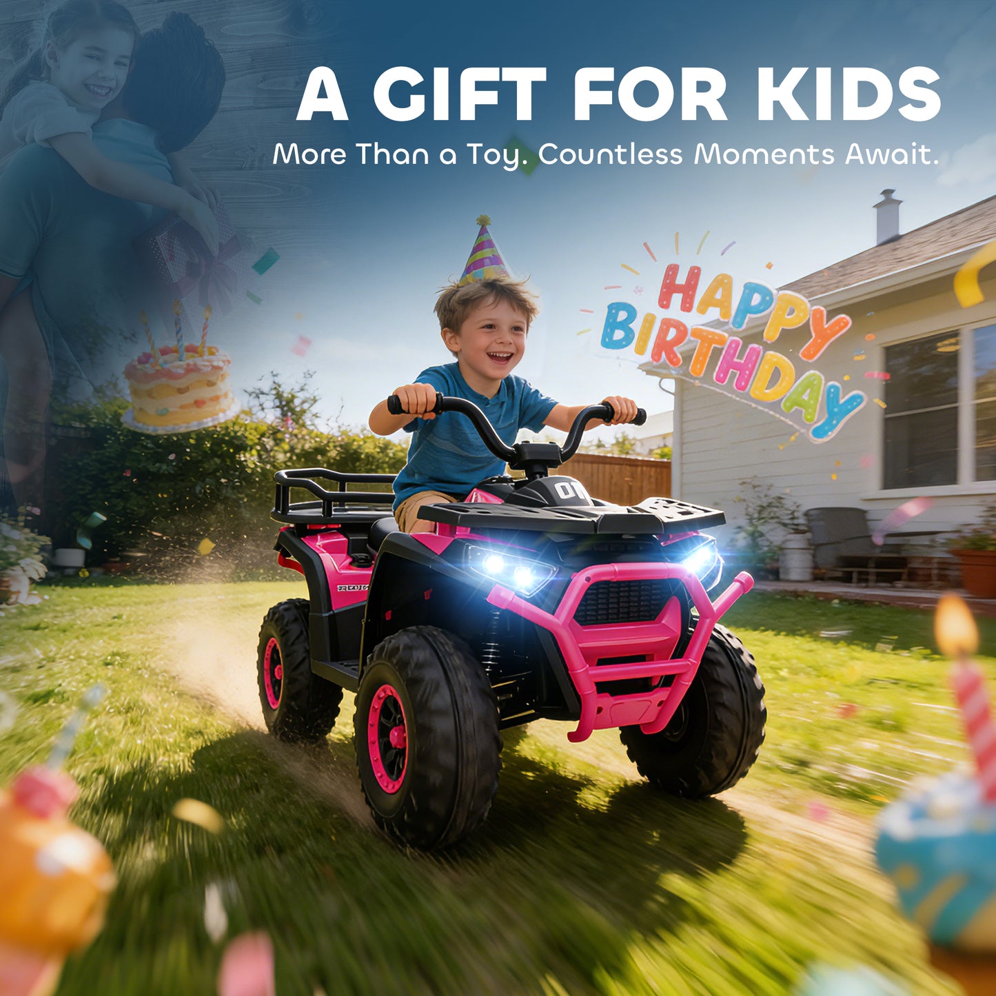 12V Kids Electric Ride on ATV, Battery-Powered Quad Bike w/ Spring Suspension, Forward Backward, Storage Basket, Pink