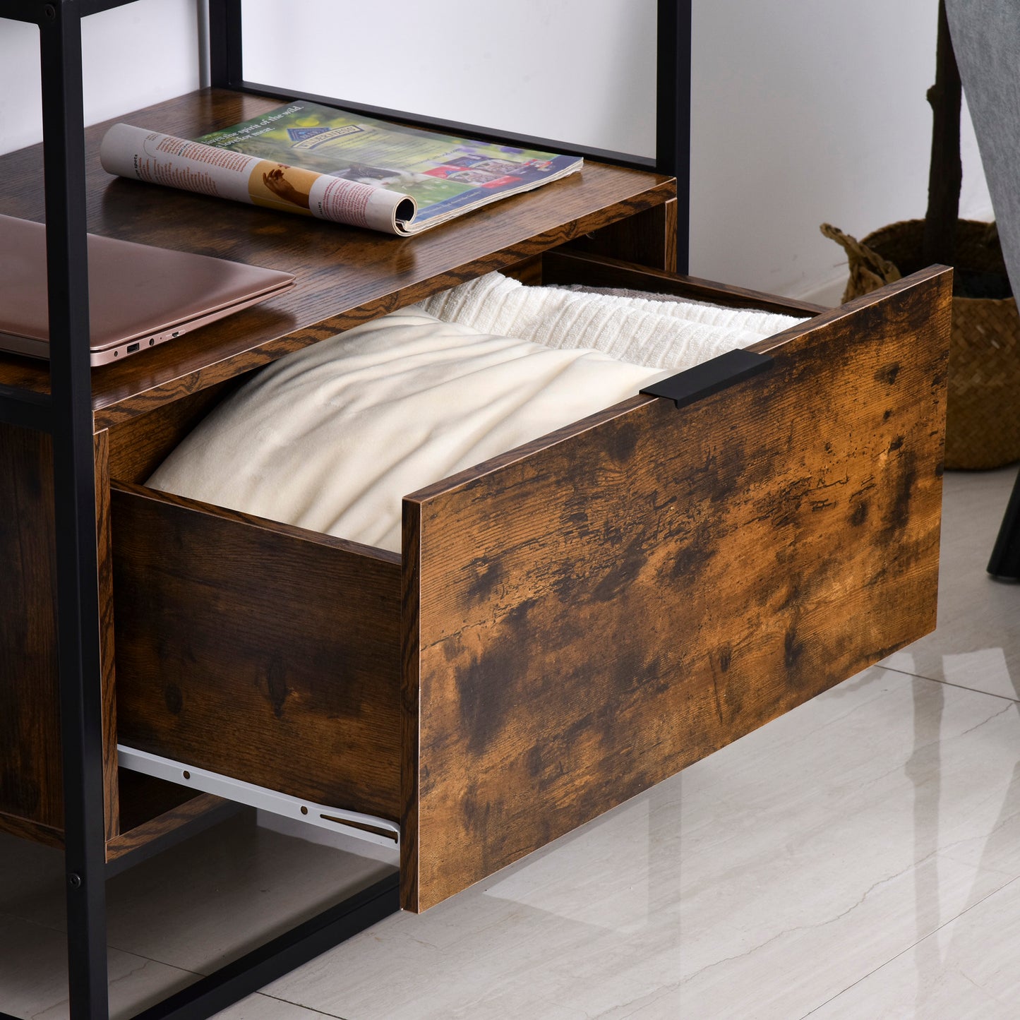 Industrial-Style Side Table w/ Drawer Open Shelf Steel Frame Large Base Two-Tone Retro Stylish Home Furniture Bedroom Living