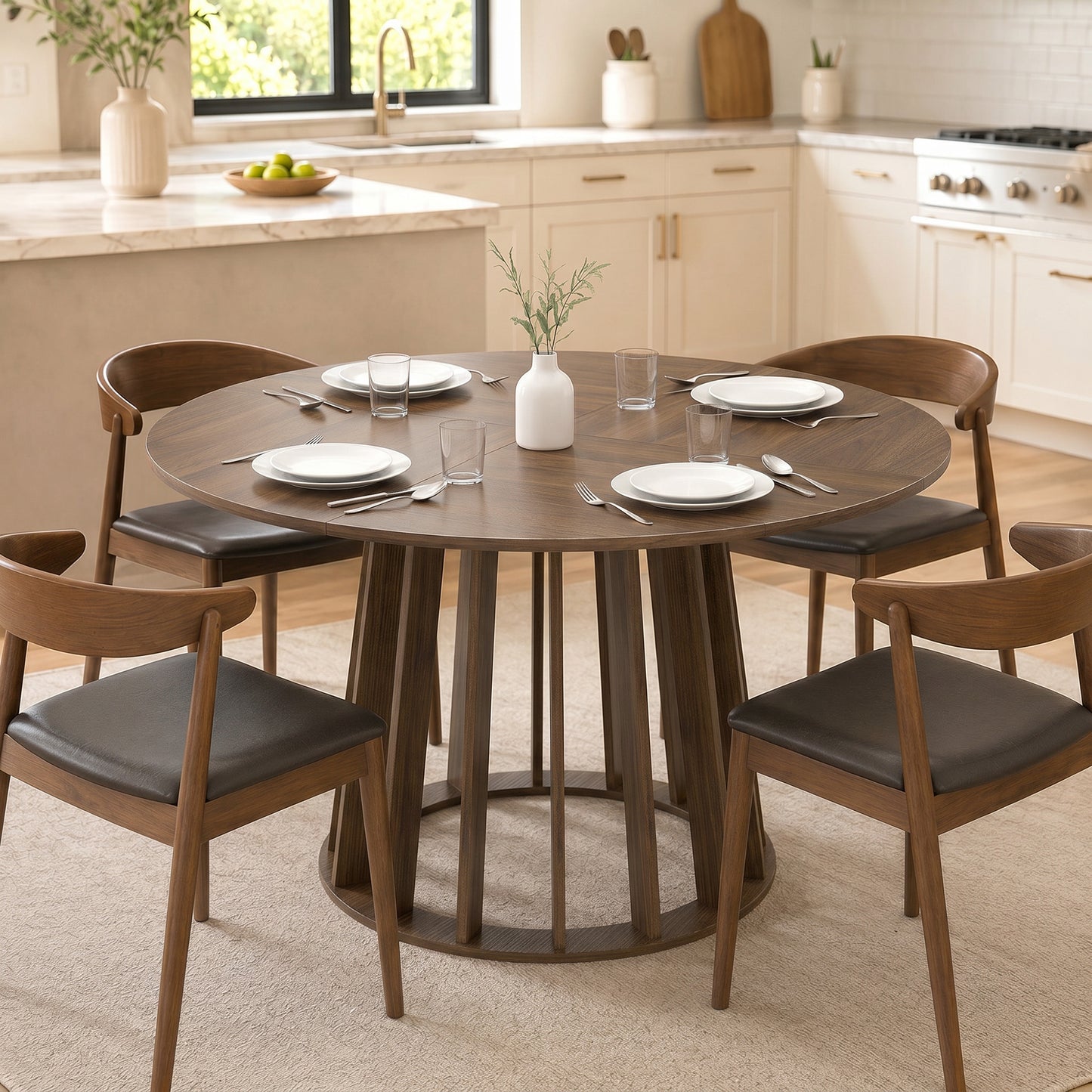 Dining Table for 4-6 People Modern Kitchen Table with Slatted Base 120 cm Round Light Walnut