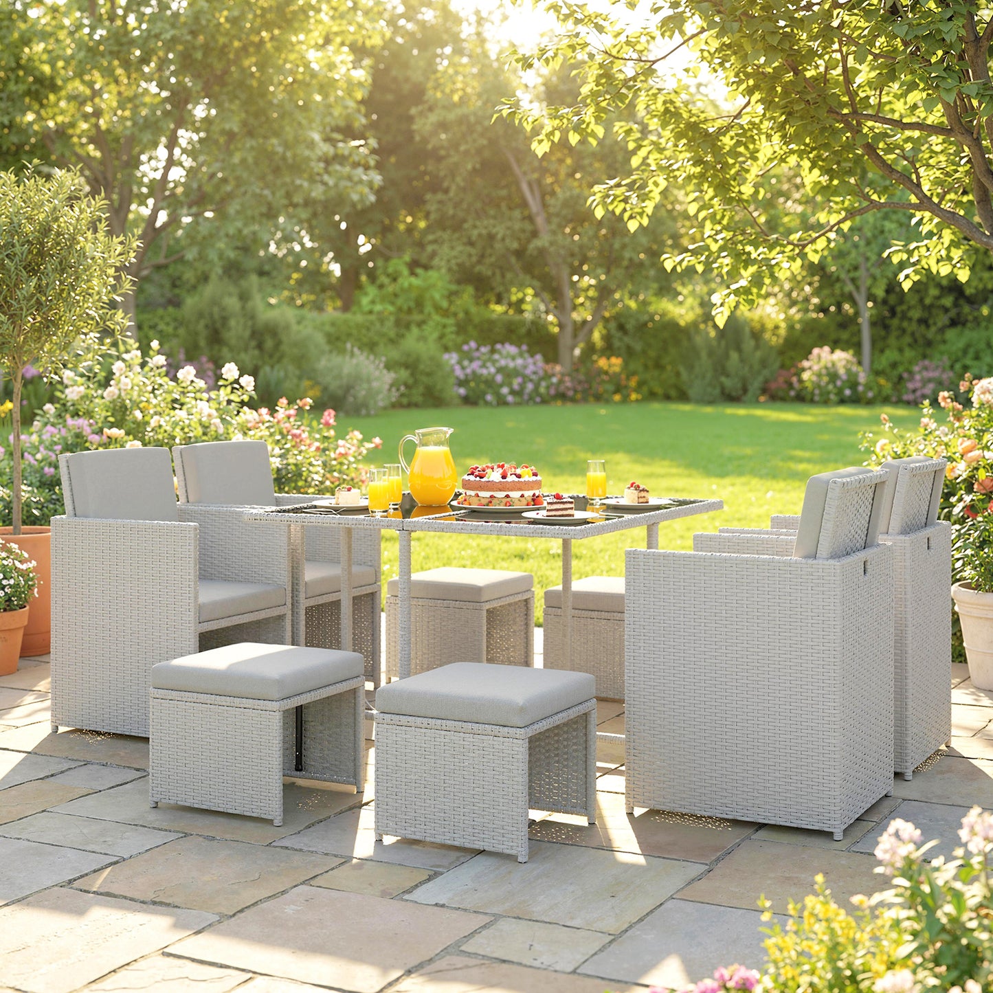 9 Piece Rattan Cube Garden Furniture Dining Set with Armchairs, Footstools and Glass-Top Table, Light Grey