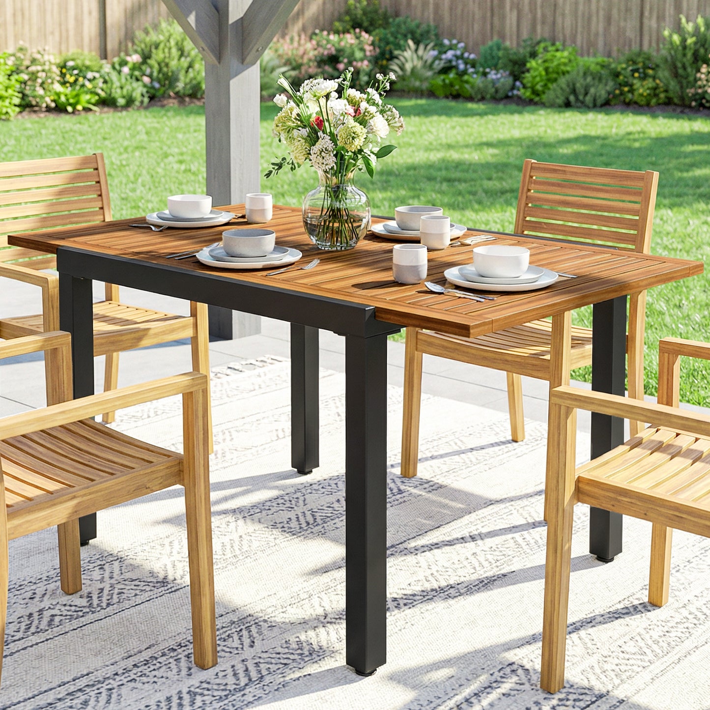 Patio Dining Table Expandable Outdoor Dining Table Acacia Wood Top 80-120 cm Natural and Black