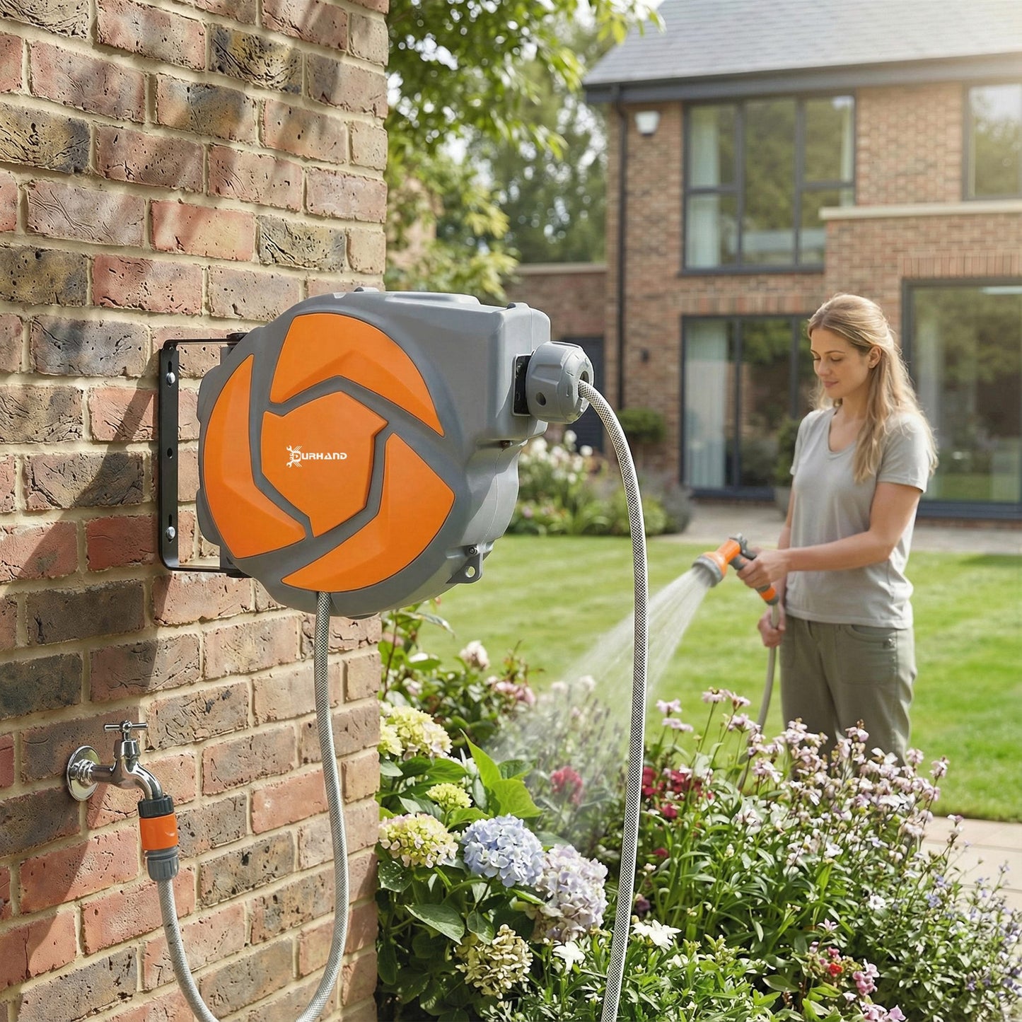 10m Garden Hose Reel Wall Mounted Auto Rewind with 7 Patterns Spray Nozzle, Includes Wall Fixings, Orange