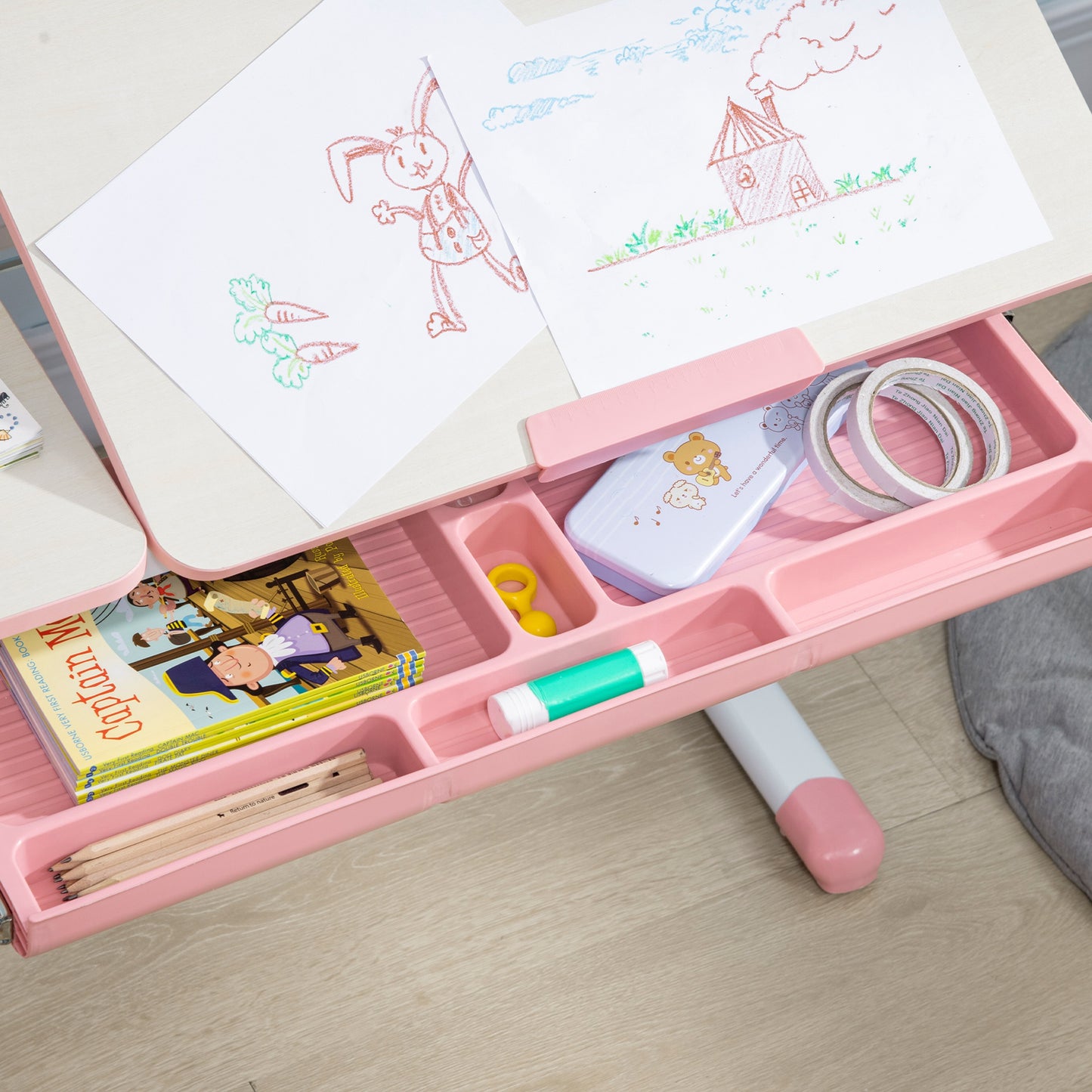 Kids Desk and Chair Set, with Storage Shelves, Washable Cover, for Ages 3-12 Years - Pink