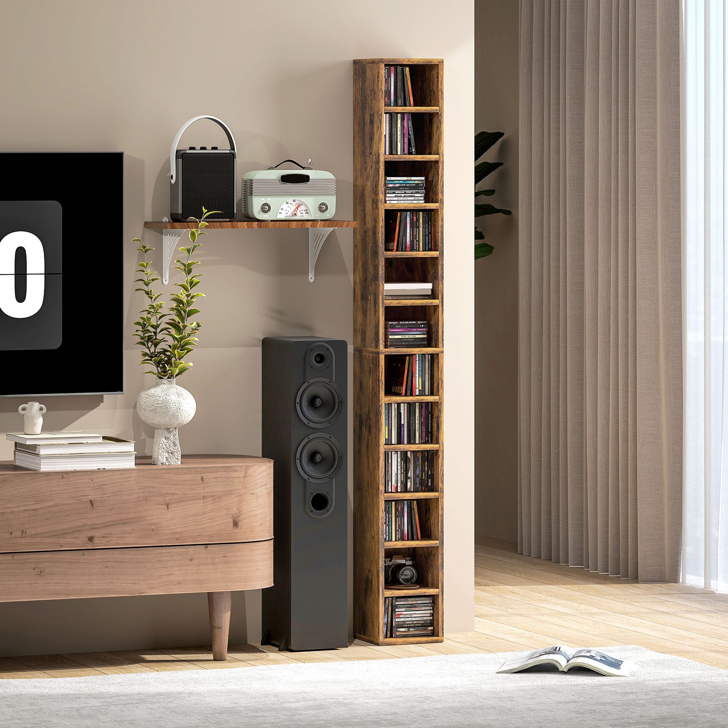 204 CD Tall Narrow Media Storage Tower - Rustic Brown