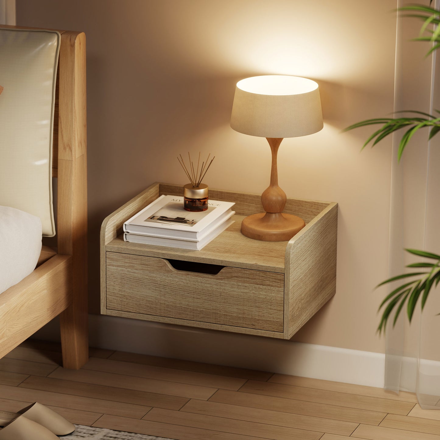 Floating Nightstands Set of 2, Wall Mounted Bedside Table with Drawer for Bedroom, Natural Wood