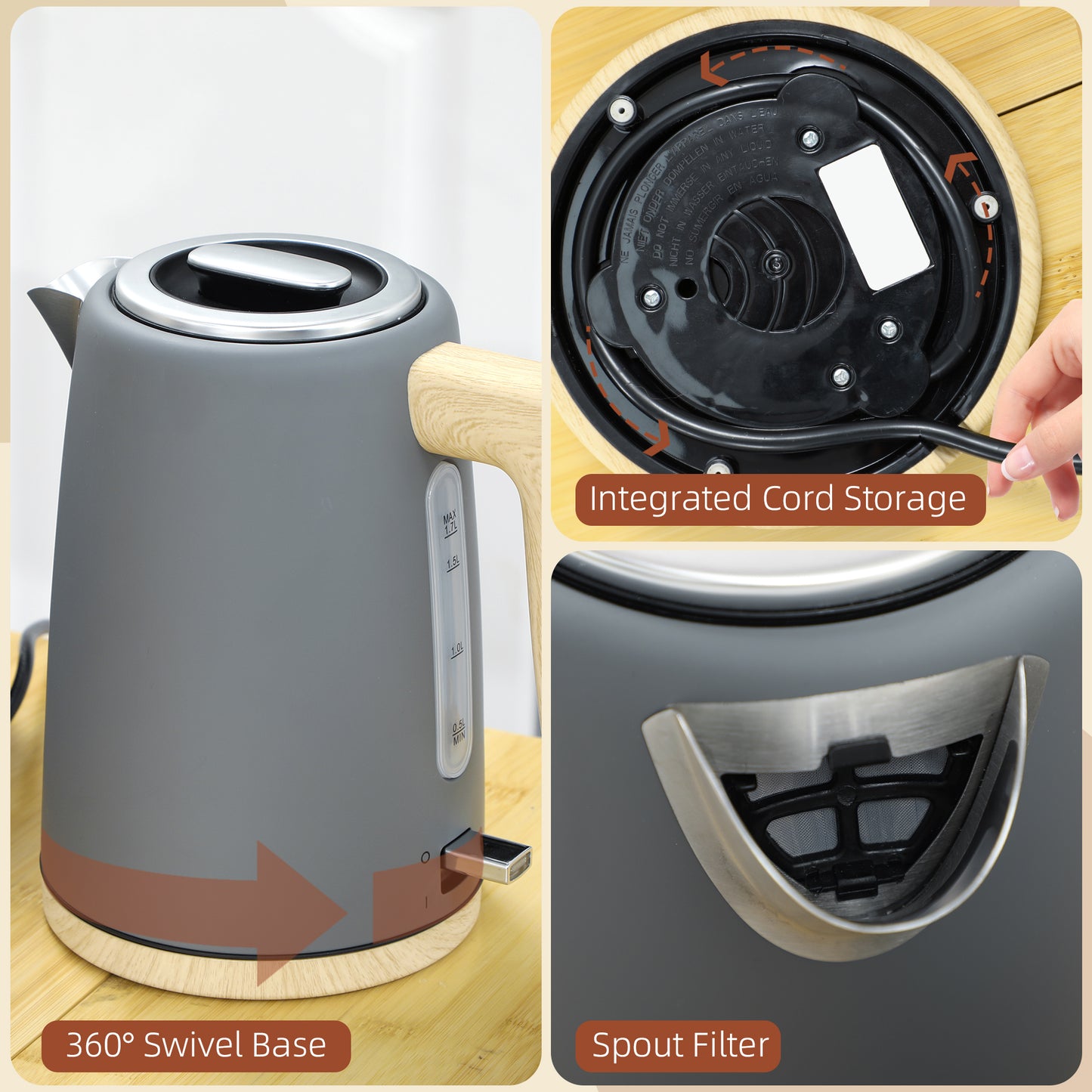 Stainless Steel Kettle and Toaster Set, 1.7L 3000W Fast Boil Kettle & 2 Slice Toaster Kitchen Set