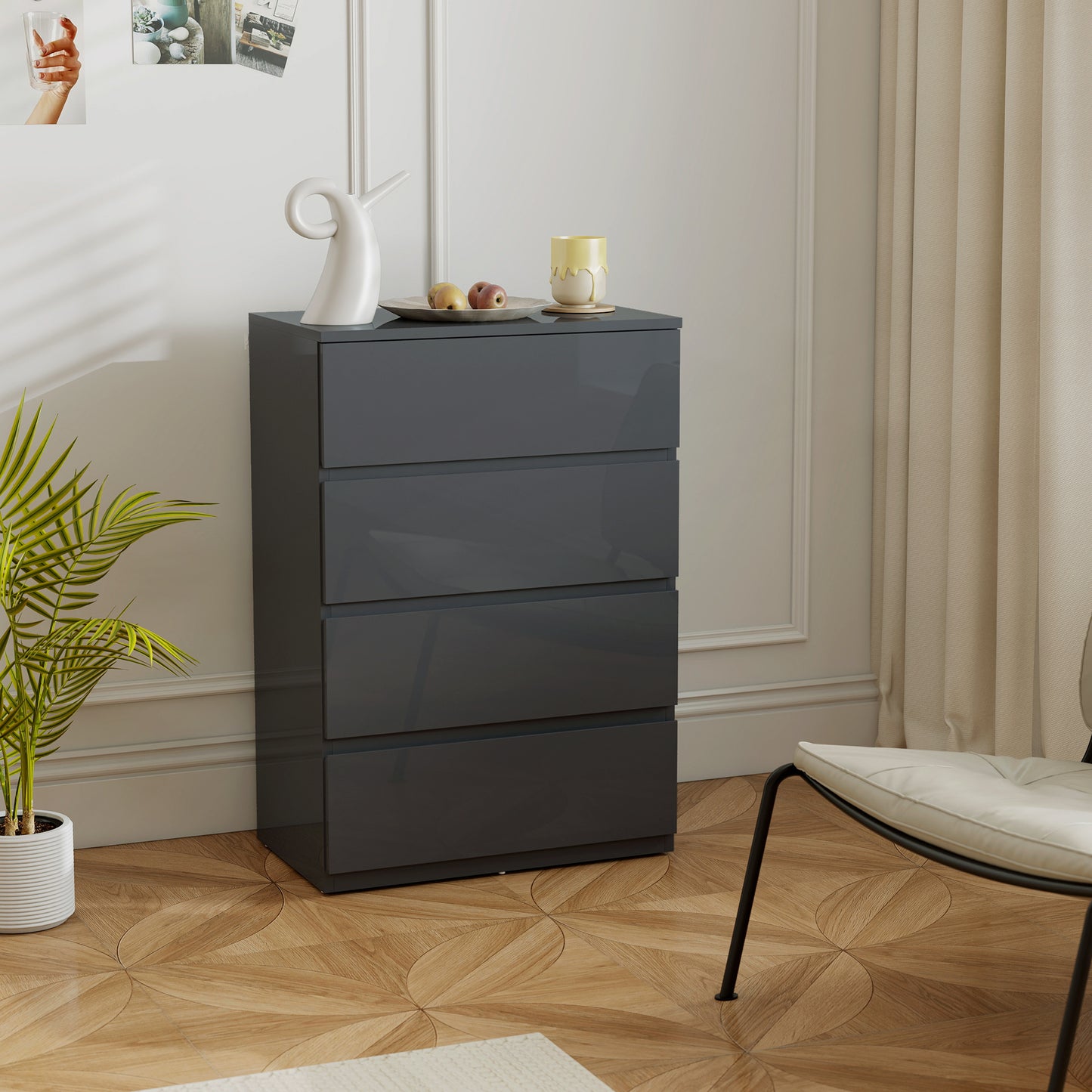 High Gloss Chest of Drawers, 4-Drawer Storage Cabinets, Modern Dresser for Bedroom, Grey