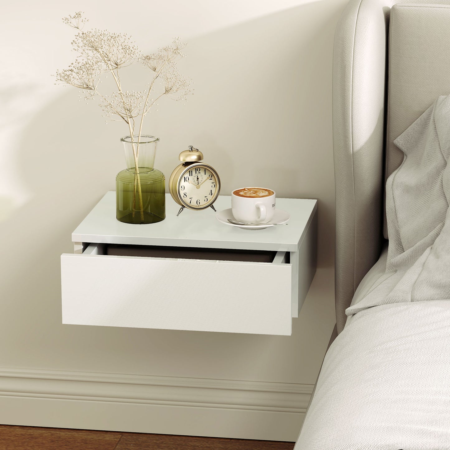 Floating Bedside Table Set of 2, Wall-Mounted Nightstand with High Gloss Finish & Storage Drawer, White
