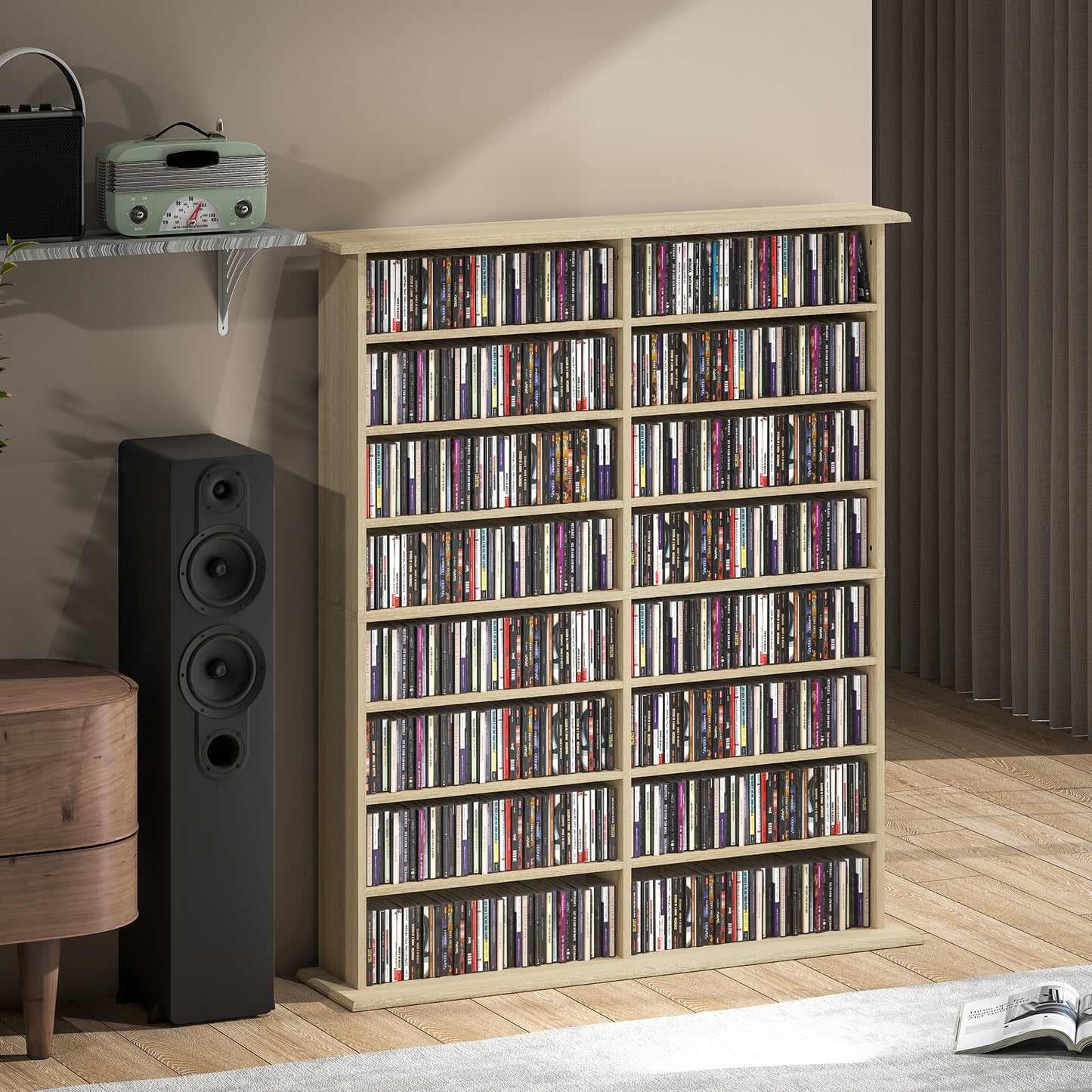 16-Compartment Media Shelf - Nature Wood Finish