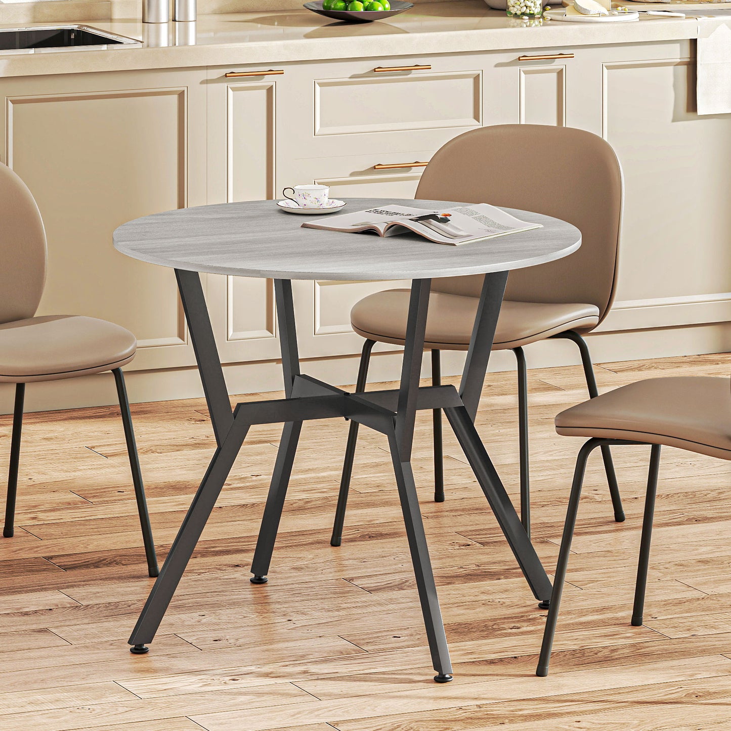Dining Table, Round Kitchen Table with Black Legs, Anti-slip Foot Pads for Living Room, Dining Room 90 x 76 cm, Grey