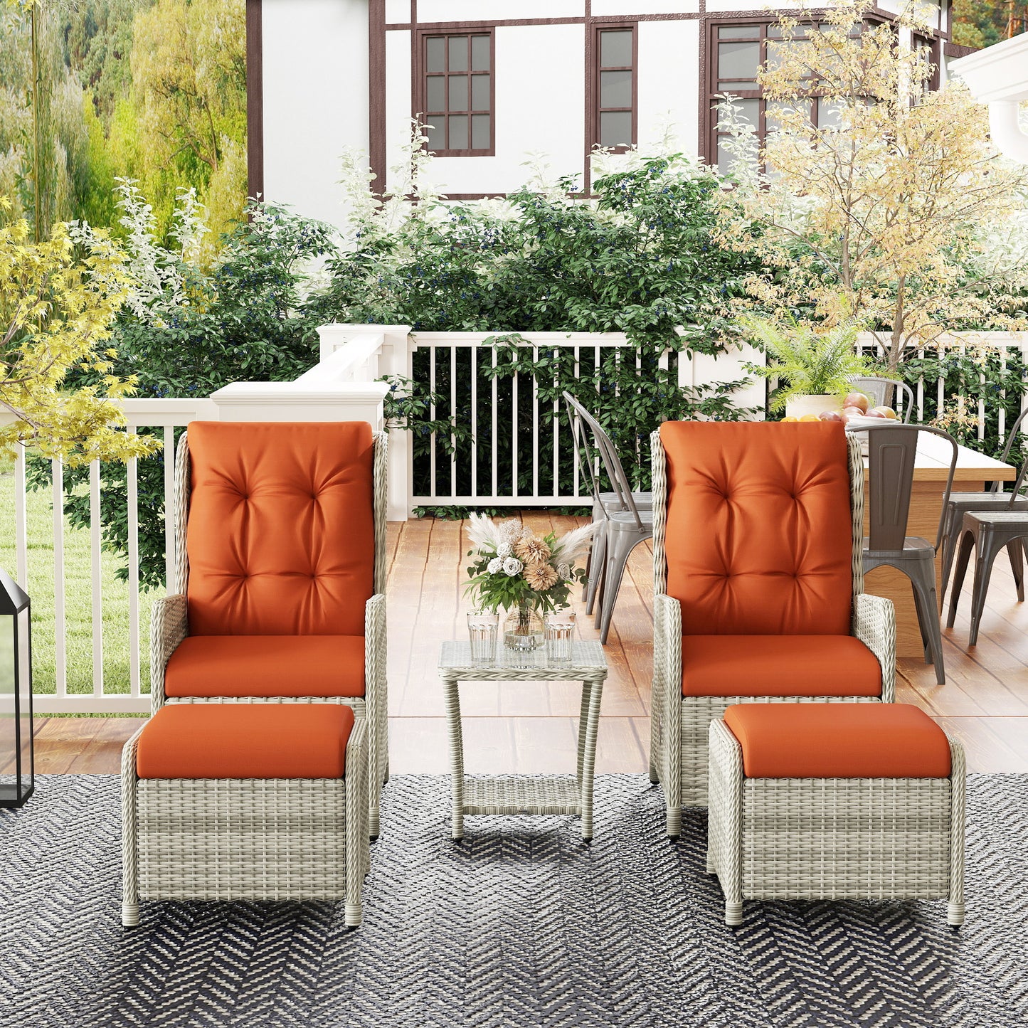 5 Pieces Rattan Bistro Set with Adjustable Back, Reclining Wicker Balcony Furniture with Cushions