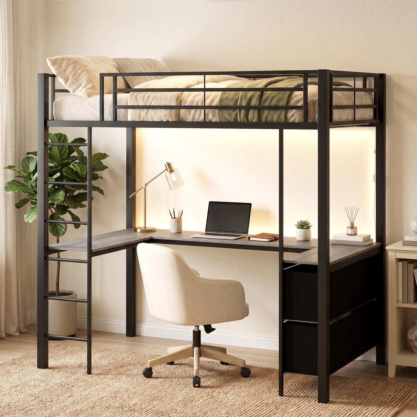 Metal Bunk Bed with Desk, High Sleeper Bed with LED Light and Safety Guardrail for Teens Adults, No Box Spring Needed