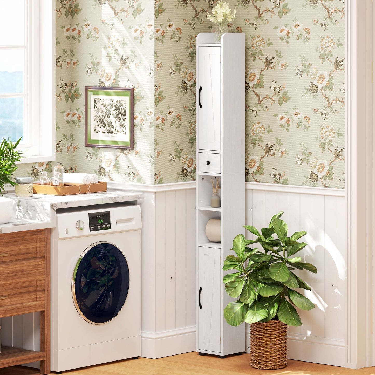 Tall Bathroom Cabinet, Farmhouse Slim Bathroom Storage Cabinet with Barn Doors, Toilet Paper Roll Holder