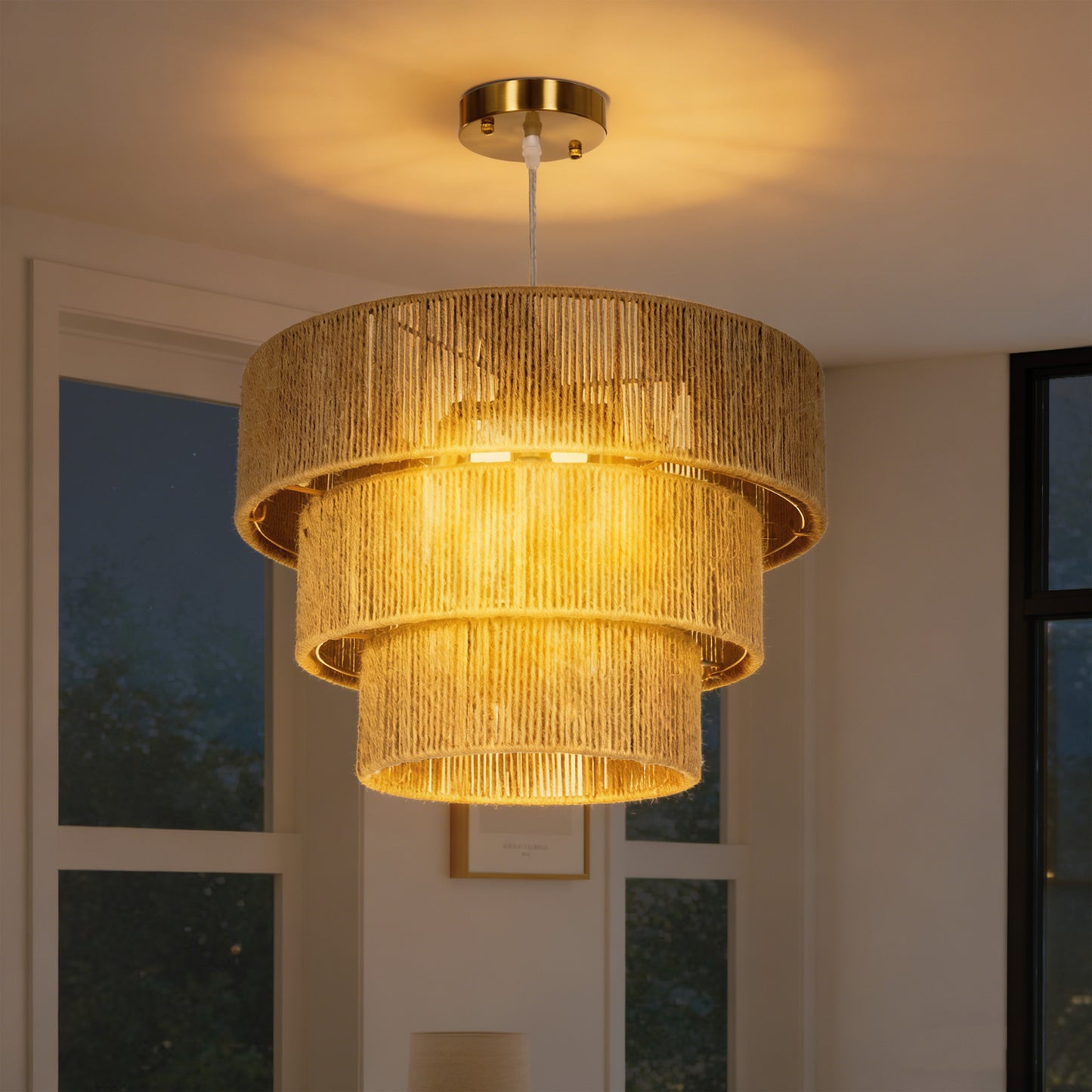 Hemp Rope Ceiling Light, 3-Layer Boho Pendant Light, 4 x E14 Vintage Ceiling Lamp Fixtures for Living Room, Bedroom, Kitchen