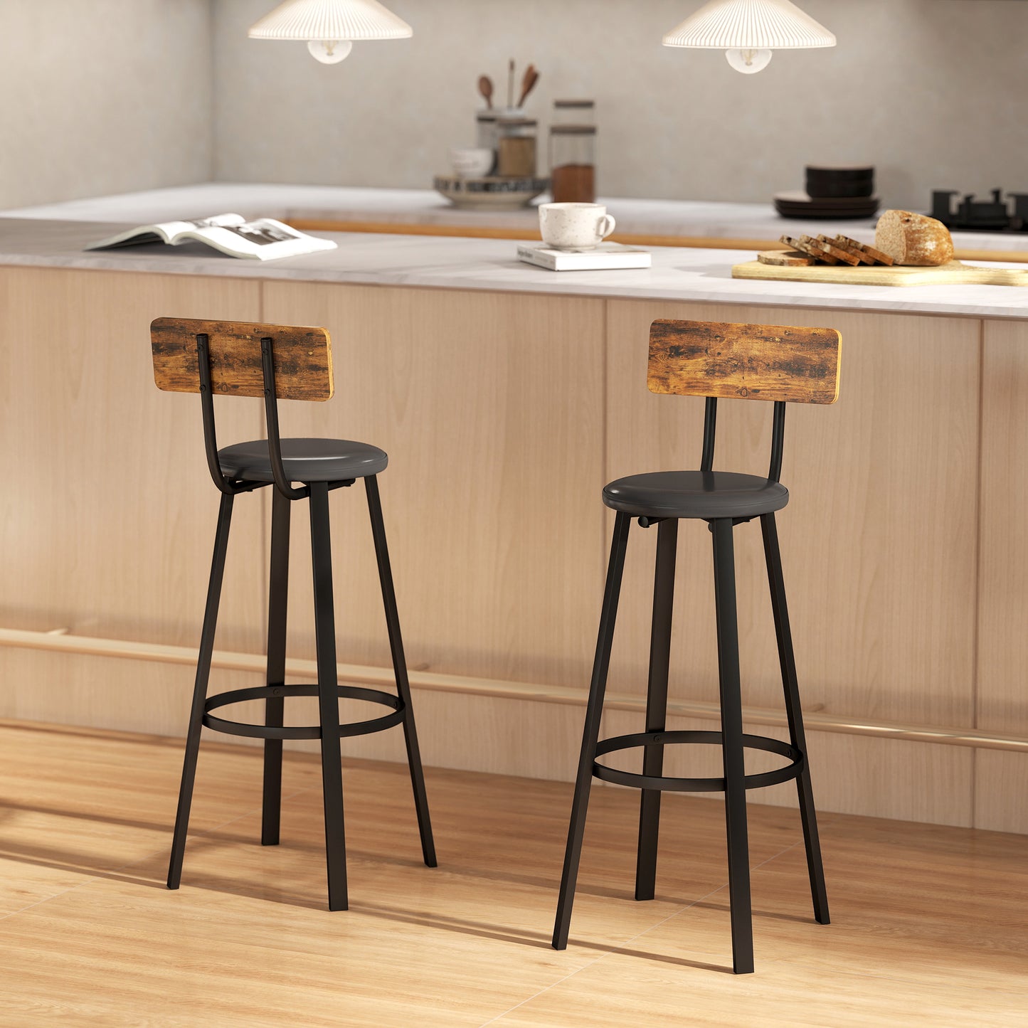 Set of Two Industrial-Style Bar Stools - Brown/Black