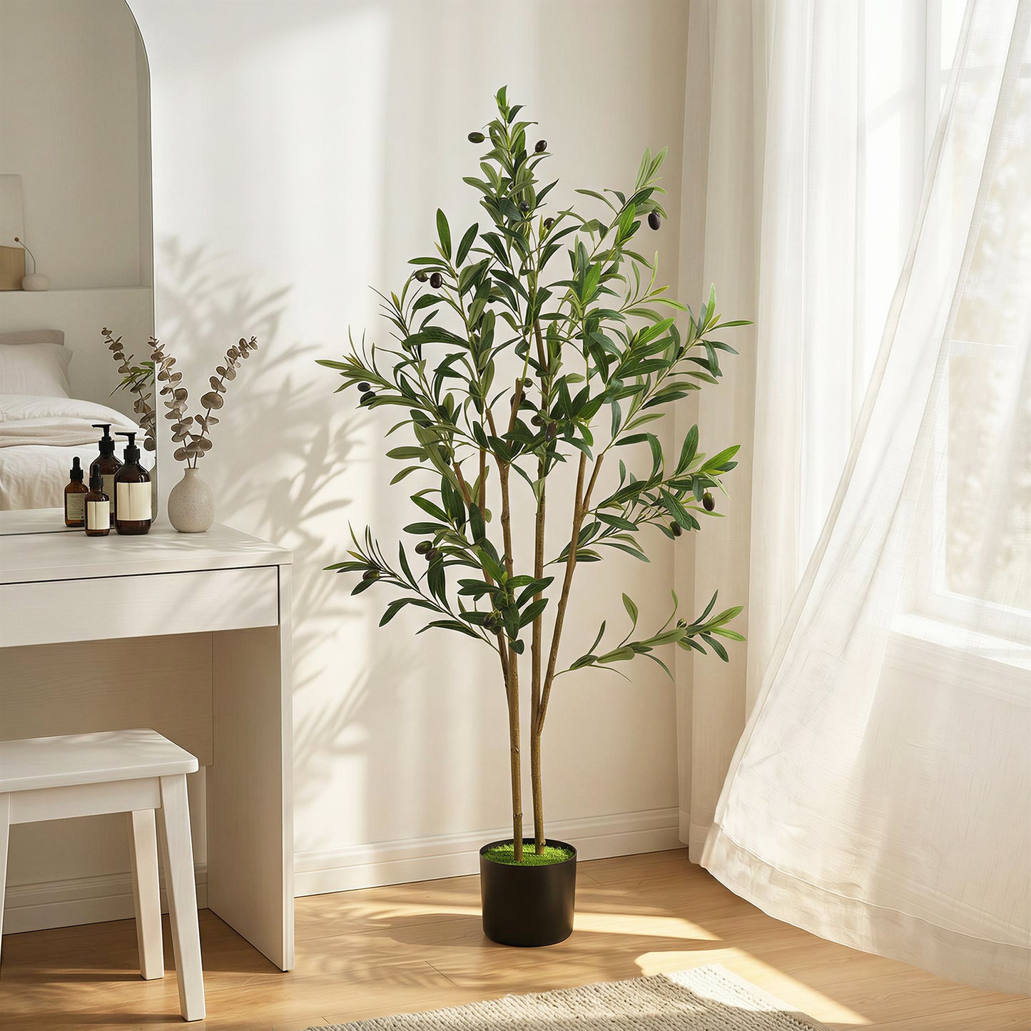 Decorative Artificial Plant, 120 cm Silk Olive Tree with 303 Leaves in Cement Pot, Fake Plant