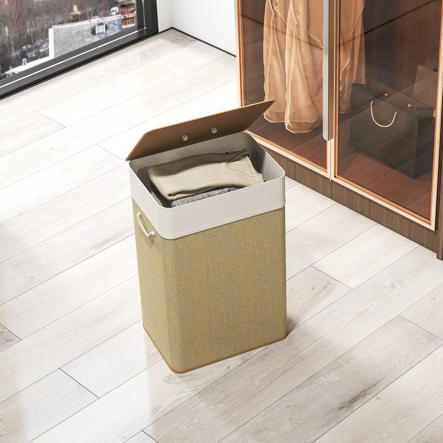 Bamboo Laundry Basket with Lid, 72L Laundry Hamper with Rope Handles