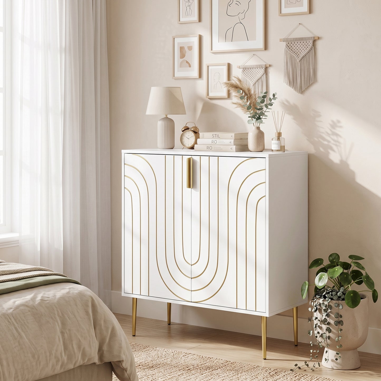 Modern Kitchen Cupboard, Storage Cabinet with 2 Doors, Adjustable Shelf and Metal Legs, White