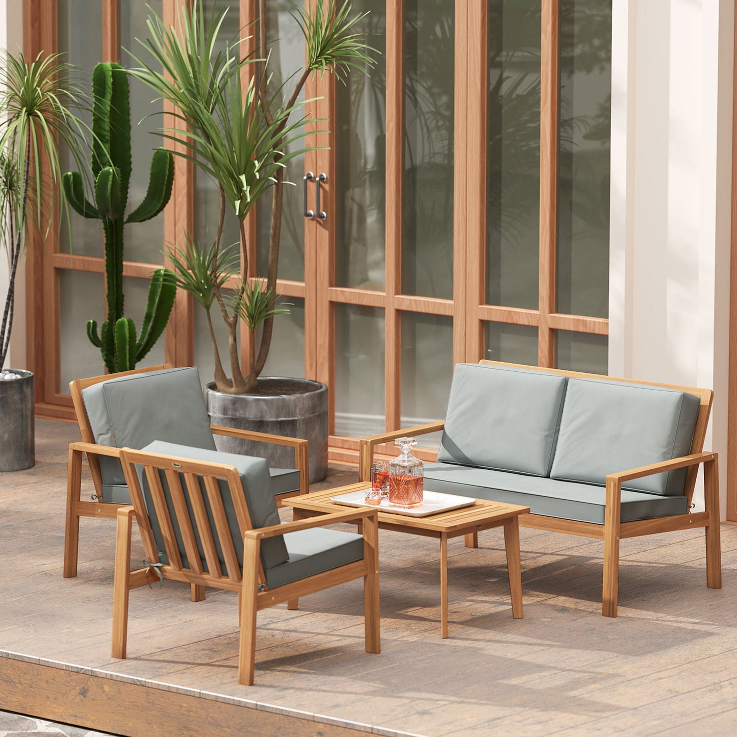 4-Piece Wooden Garden Furniture Set with Cushions - Teak