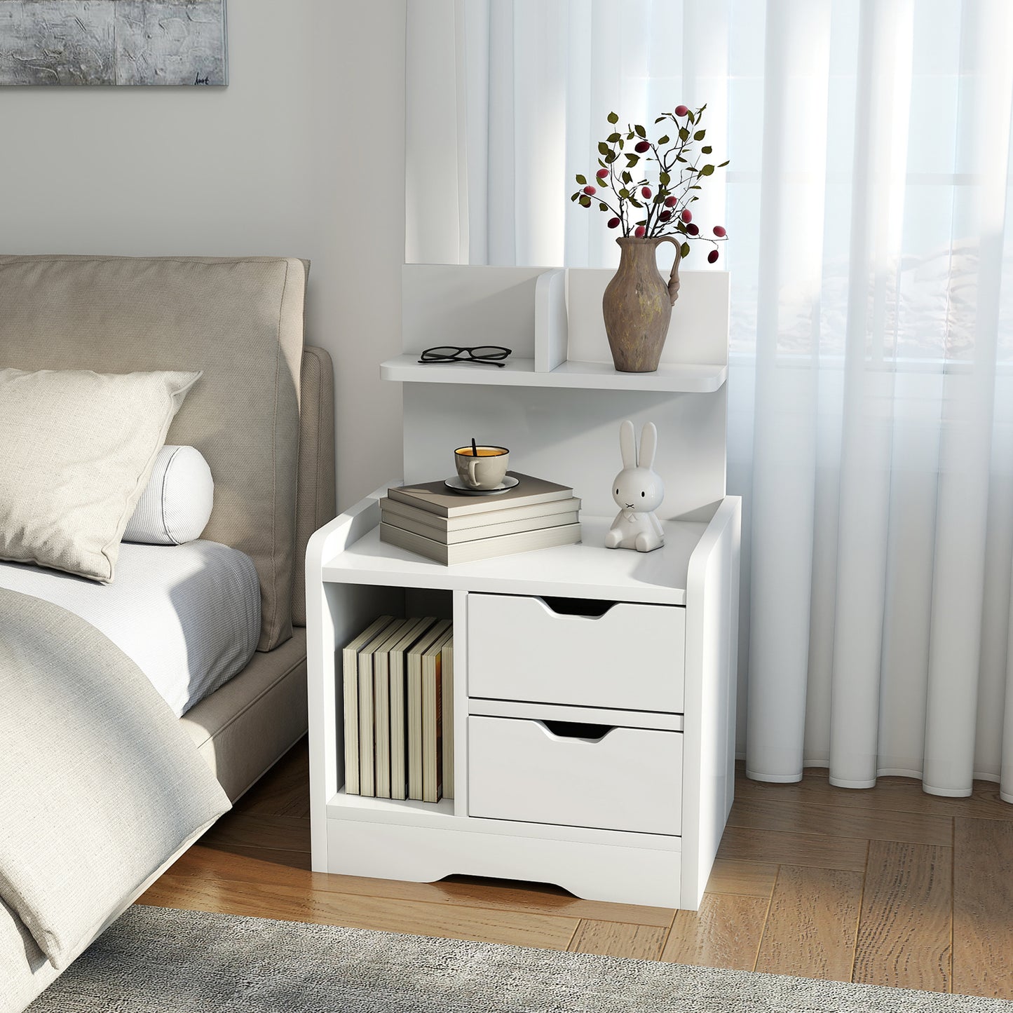 Bedside Table with 2 Drawers and Open Shelves - High Gloss White