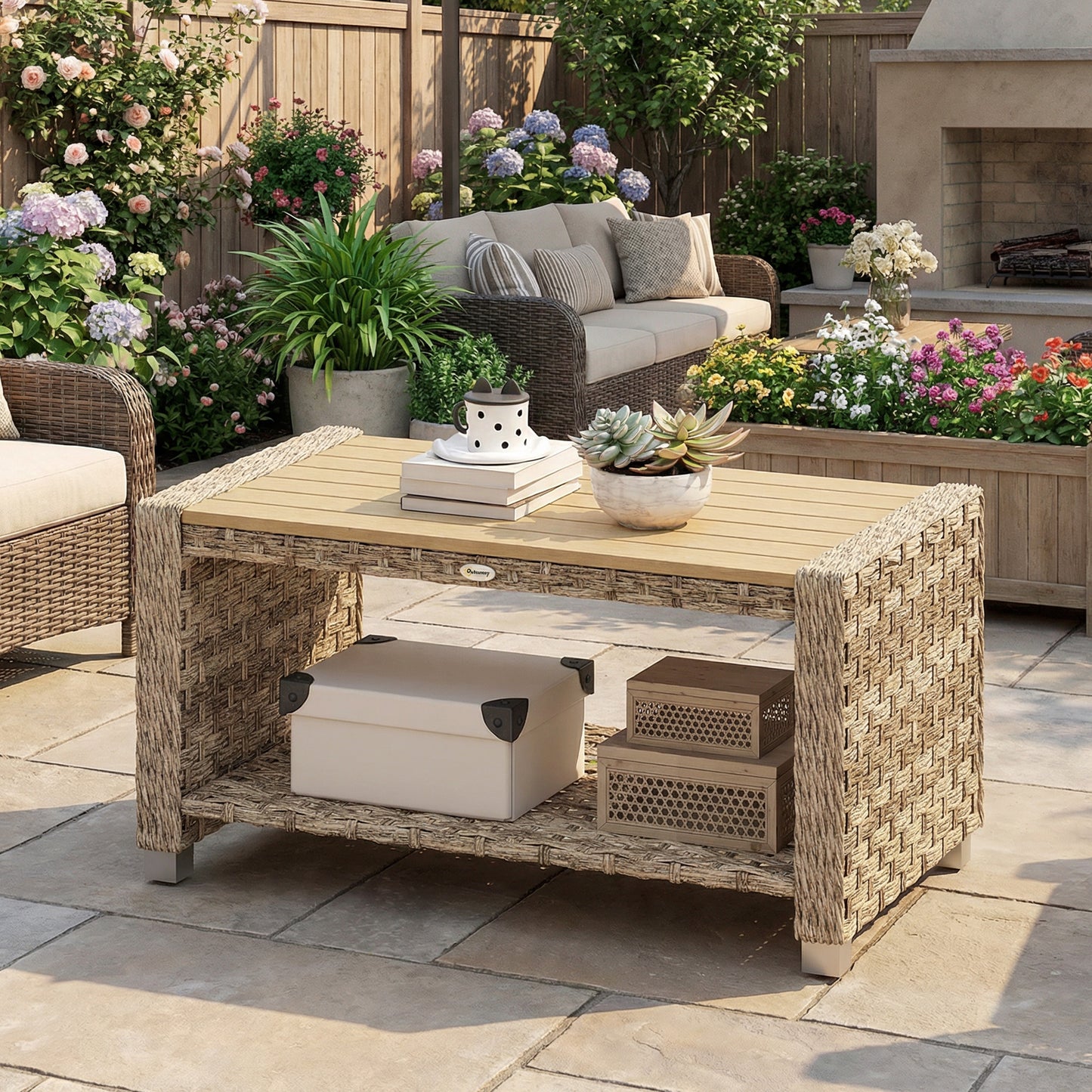 Outdoor Coffee Table with Storage Shelf, PE Rattan Side Table with Slatted Top and Foot Pads, Light Brown