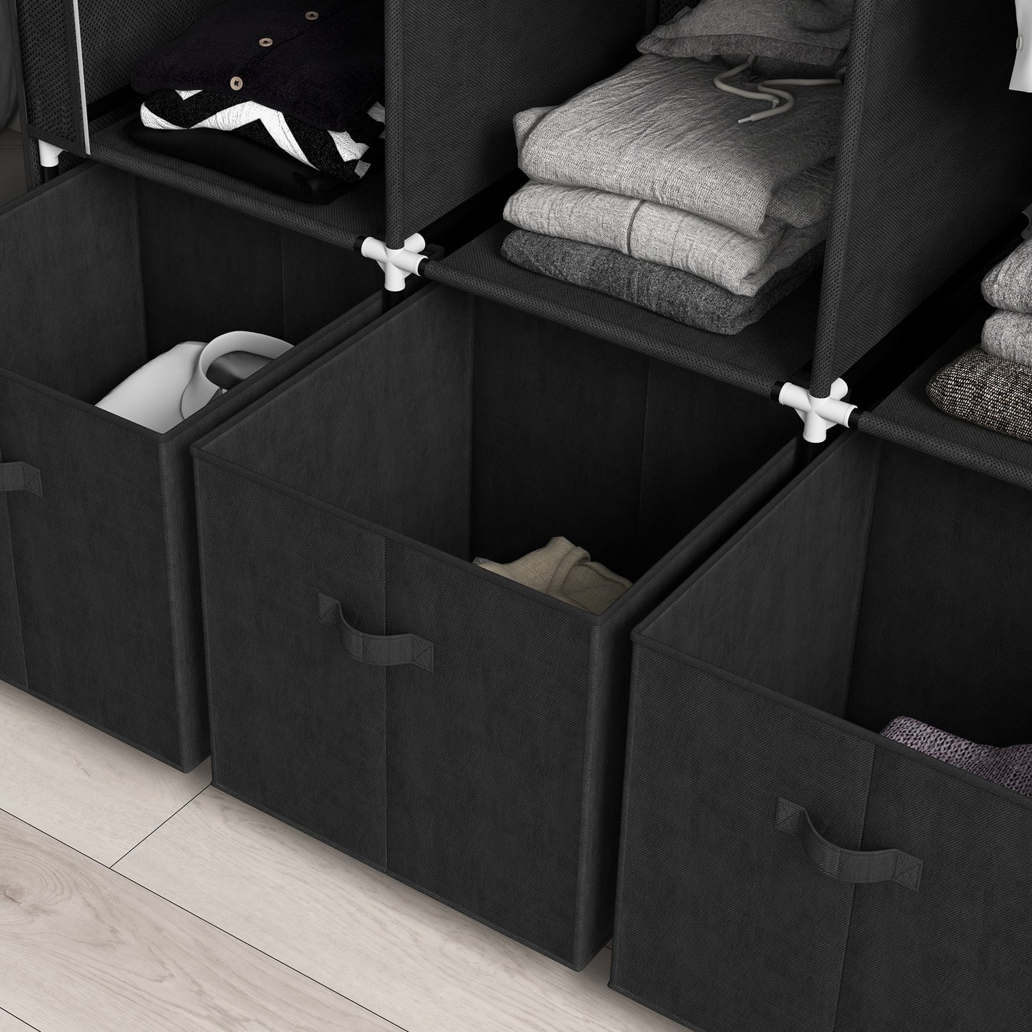 Foldable Fabric Wardrobe for Bedroom, Portable Wardrobe with 5 Shelves, 2 Hanging Rails and 3 Fabric Drawers, Black