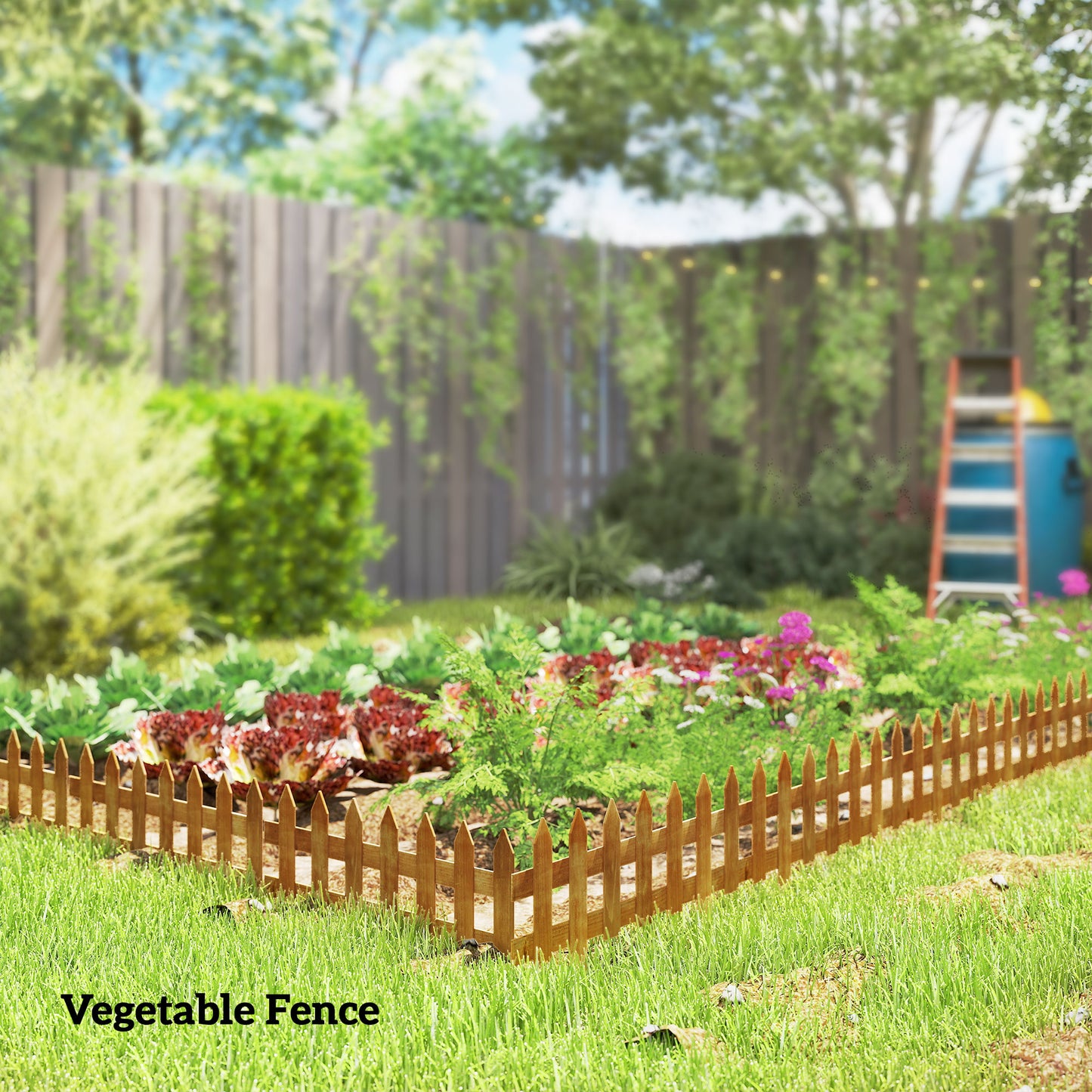 Pack of 12 Wooden Border Fences, Garden Fixed Picket Fence for Lawn Edging, Flowerbed, 60L x 1D x 34H cm, Brown