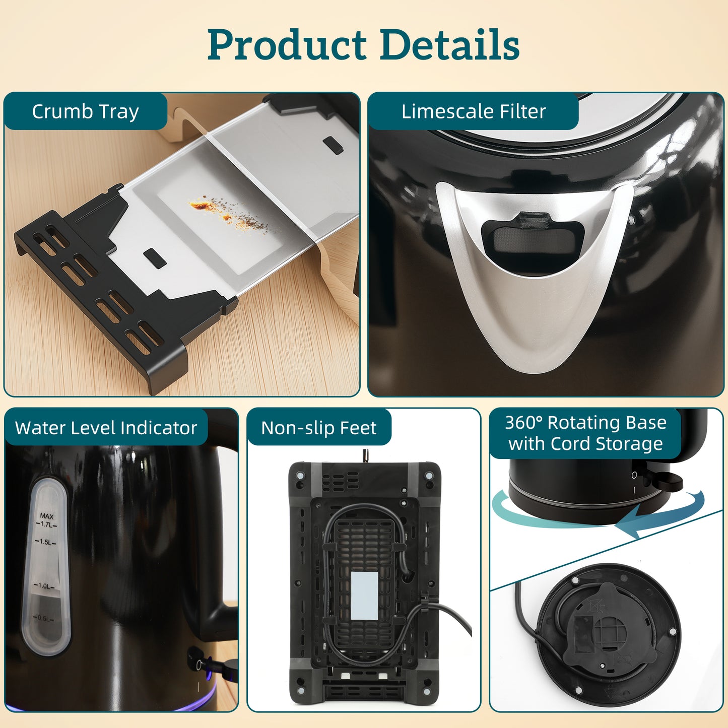 Simple Polished Toaster and Kettle Set - Black