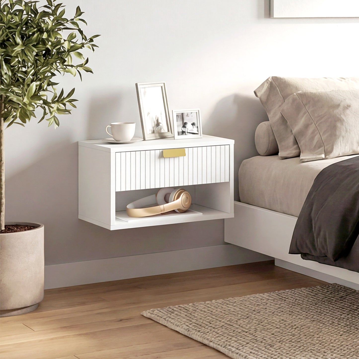 Set of 2 Wall Mounted Nightstands, Floating Bedside Tables with Fluted Drawer and Open Shelf for Small Bedroom, White